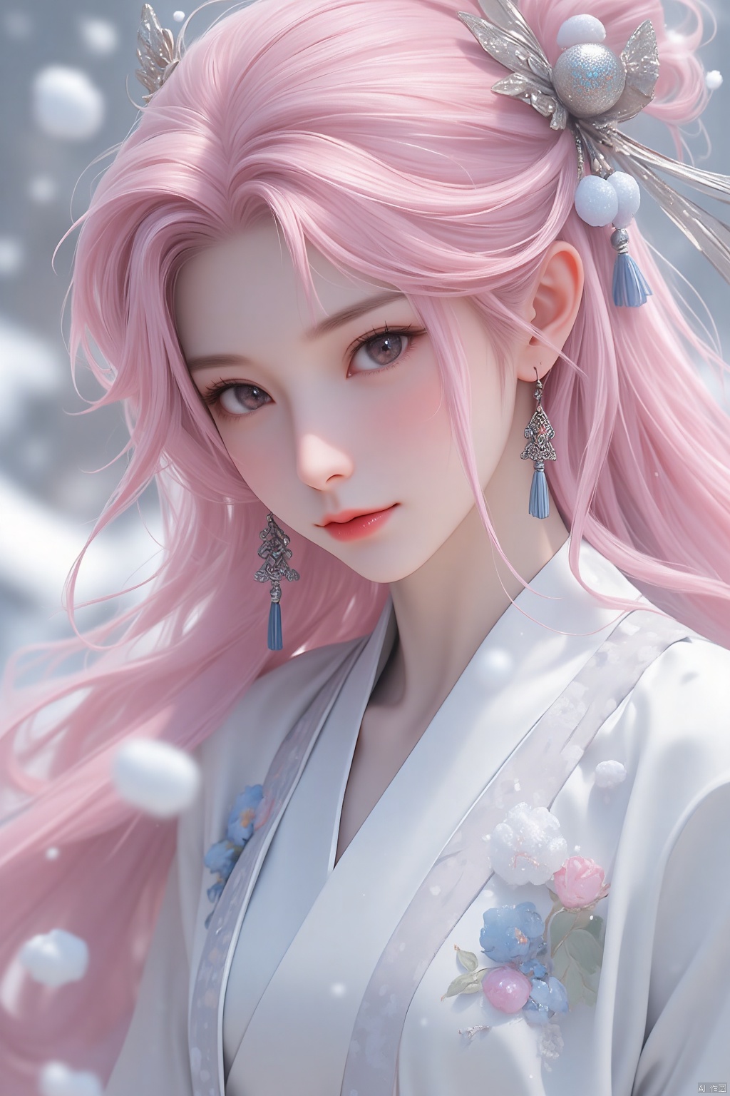gufeng,1girl,long hair,solo,jewelry,earrings,blurry background,upper body,pink hair,blurry,snowing,closed mouth,lips,snow,facing viewer,ribbon,hanfu,flower,