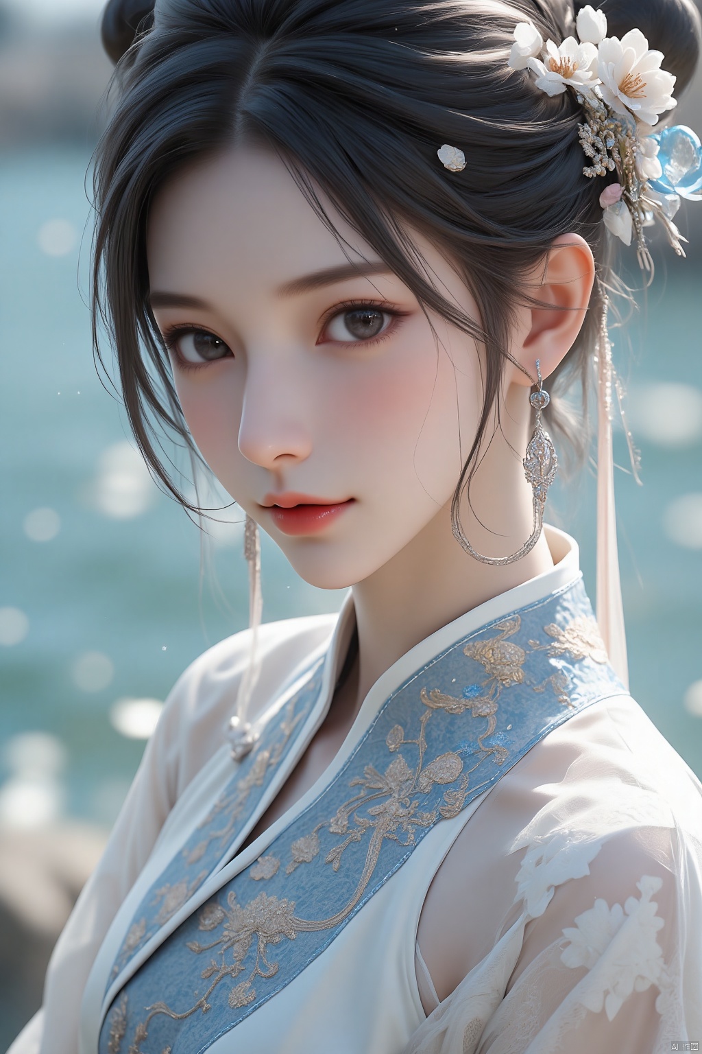 ,Textured skin,skin particles,masterpiece,best quality,8K,official art,ultra high res,1girl,chinese clothes,hanfu,jewelry,hair ornament,upper body,solo,earrings,flower ocean,remains,flower,black hair,necklace,teeth,hair bun,dress,parted lips,hair flower,((full body)),dress,hanfu,embroidery,exquisite,meticulous,(tulle:1.4),