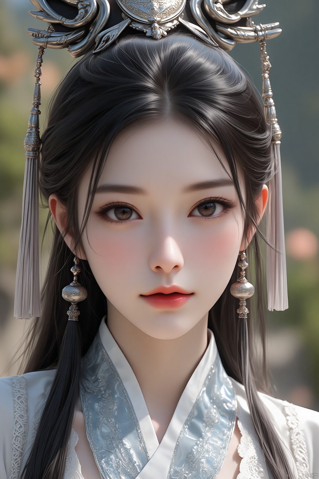 Best quality,masterpiece,16K,realistic,cinematic image quality,realistic,1girl,Chinese Yi ethnic clothing,Silver metal headwear,brown eyes,earrings,hat,jewelry,Yi ethnic metal jewelry,A huge metal hat,Headwear metal tassels,Silver metal hat,lace,lace trim,lips,long hair,looking at viewer,parted lips,solo,upper body,