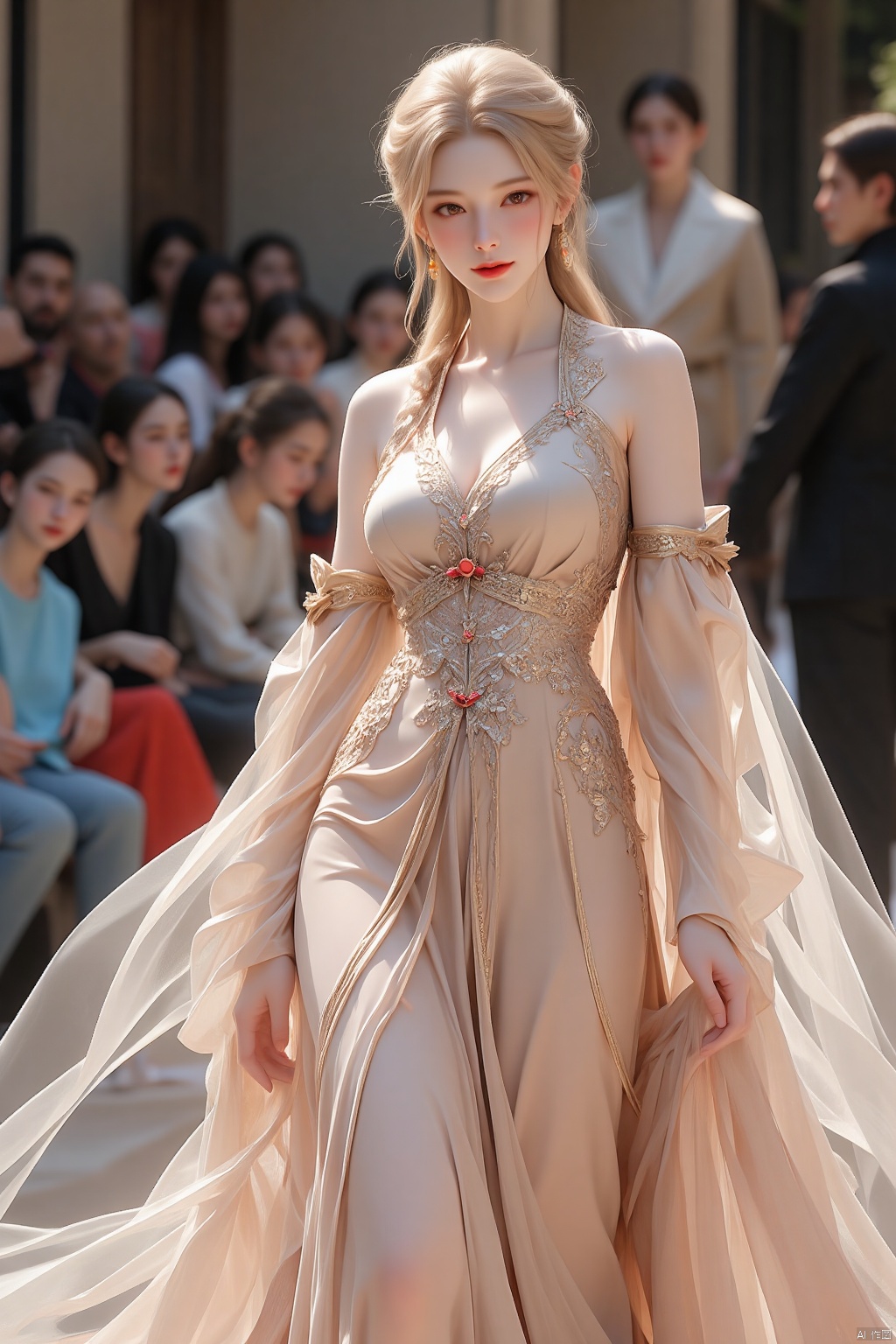 girlvn01, 1girl, hanfu, smile, Stunningly Beautiful girl, Haute_Couture, designer dress, wearing Haute_Couture, posing for a picture, fashion show, long shaped face, dark red eyes, sandy blonde side-wept hair, long hair, long ringlets, catwalk aesthetic, details, highest, amazing,