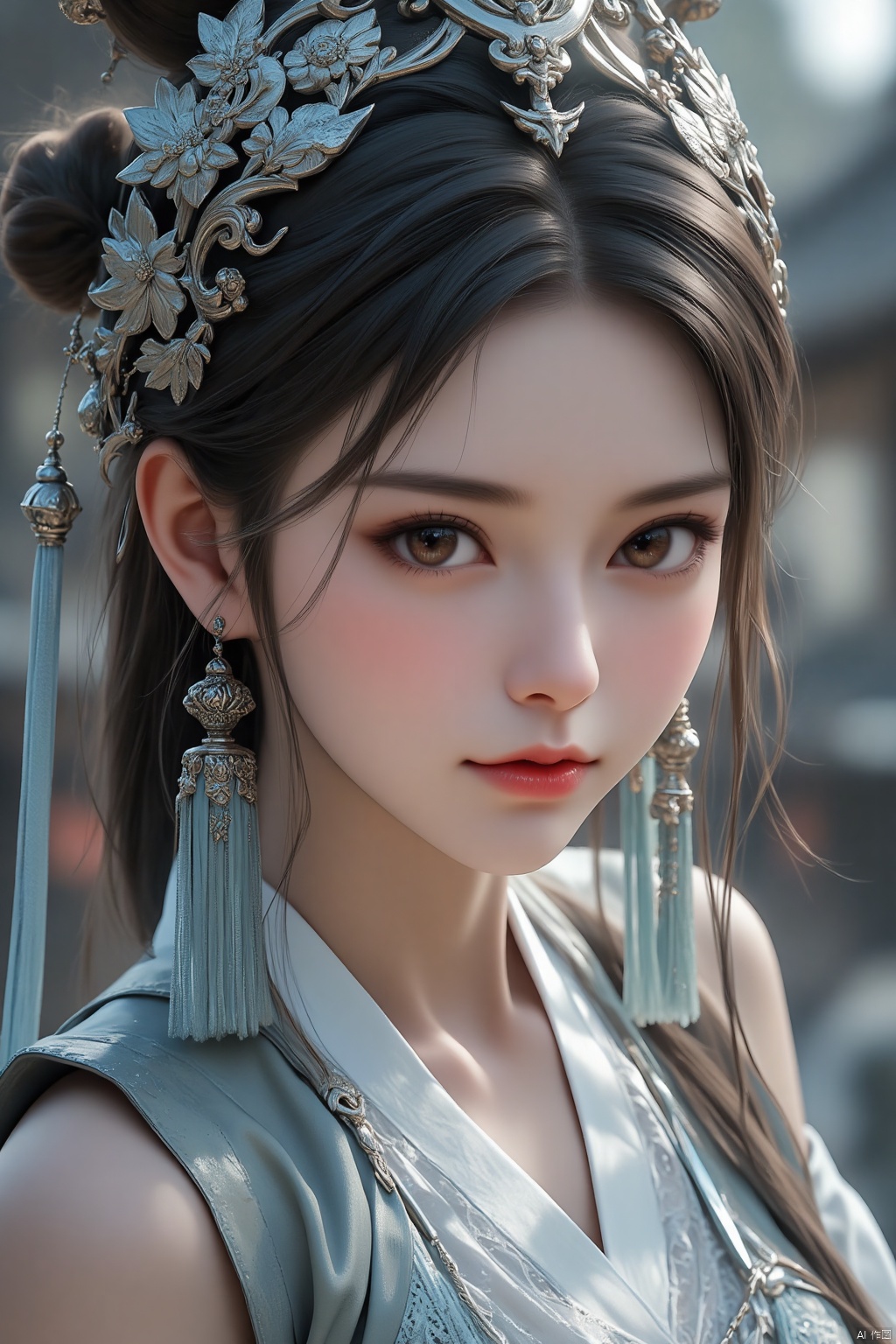 Best quality,masterpiece,16K,realistic,cinematic image quality,realistic,1girl,Chinese Yi ethnic clothing,Silver metal headwear,brown eyes,earrings,hat,jewelry,Yi ethnic metal jewelry,A huge metal hat,Headwear metal tassels,Silver metal hat,lace,lace trim,lips,long hair,looking at viewer,parted lips,solo,upper body,