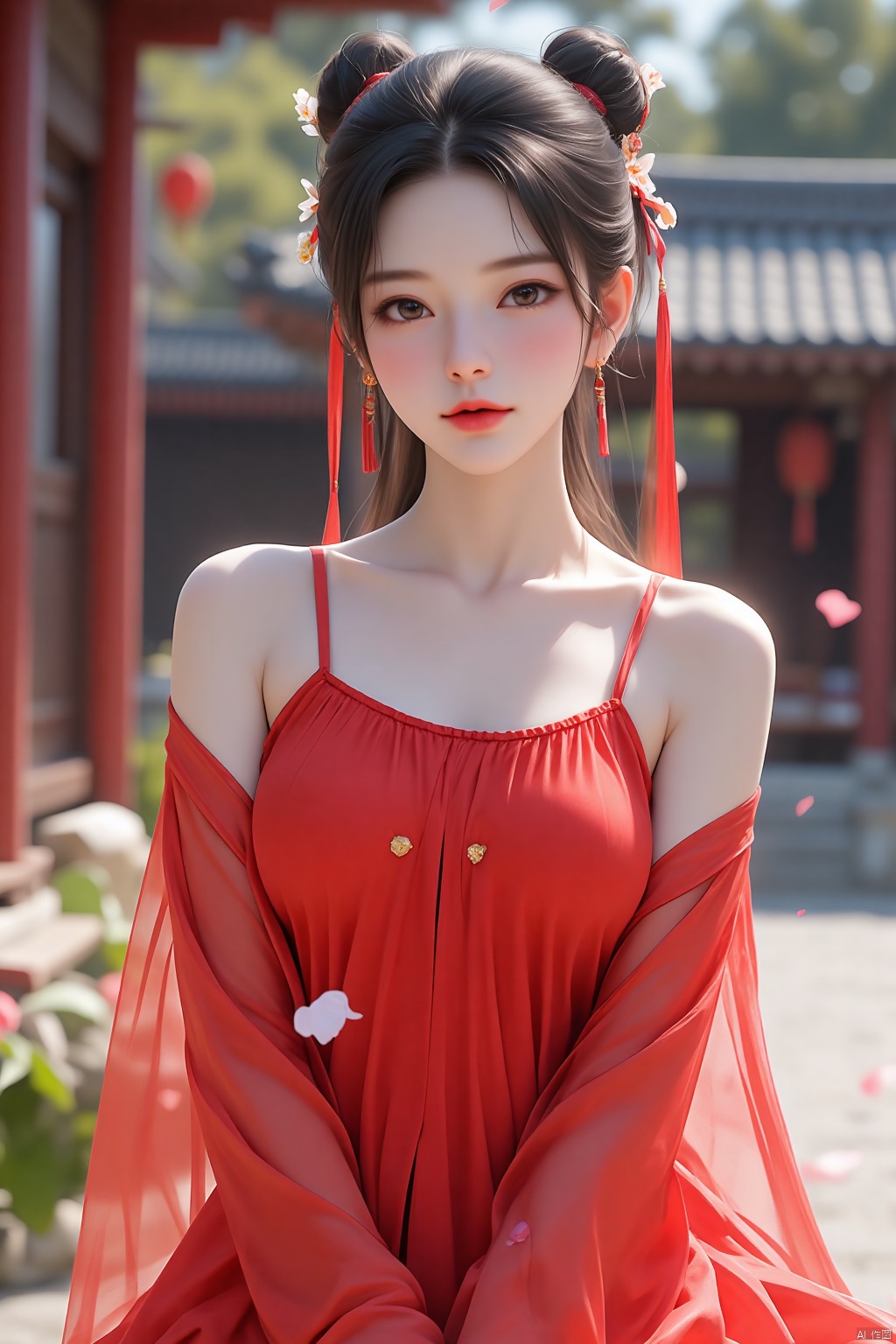 1girl,solo,jewelry,flower,hair ornament,dress,looking at viewer,earrings,red dress,hair flower,red lips,black hair,outdoors,chinese clothes,petals,architecture,bangs,east asian architecture,makeup,long sleeves,ribbon,bare shoulders,cowboy shot,see-through,hanfu,red ribbon,breasts,collarbone,hair bun,blurry,detached sleeves,see-through sleeves,tassel,day,blush,sleeveless,watermark,small breasts,blurry background,shawl,falling petals,hair ribbon,parted lips,long hair,,Negative prompt: