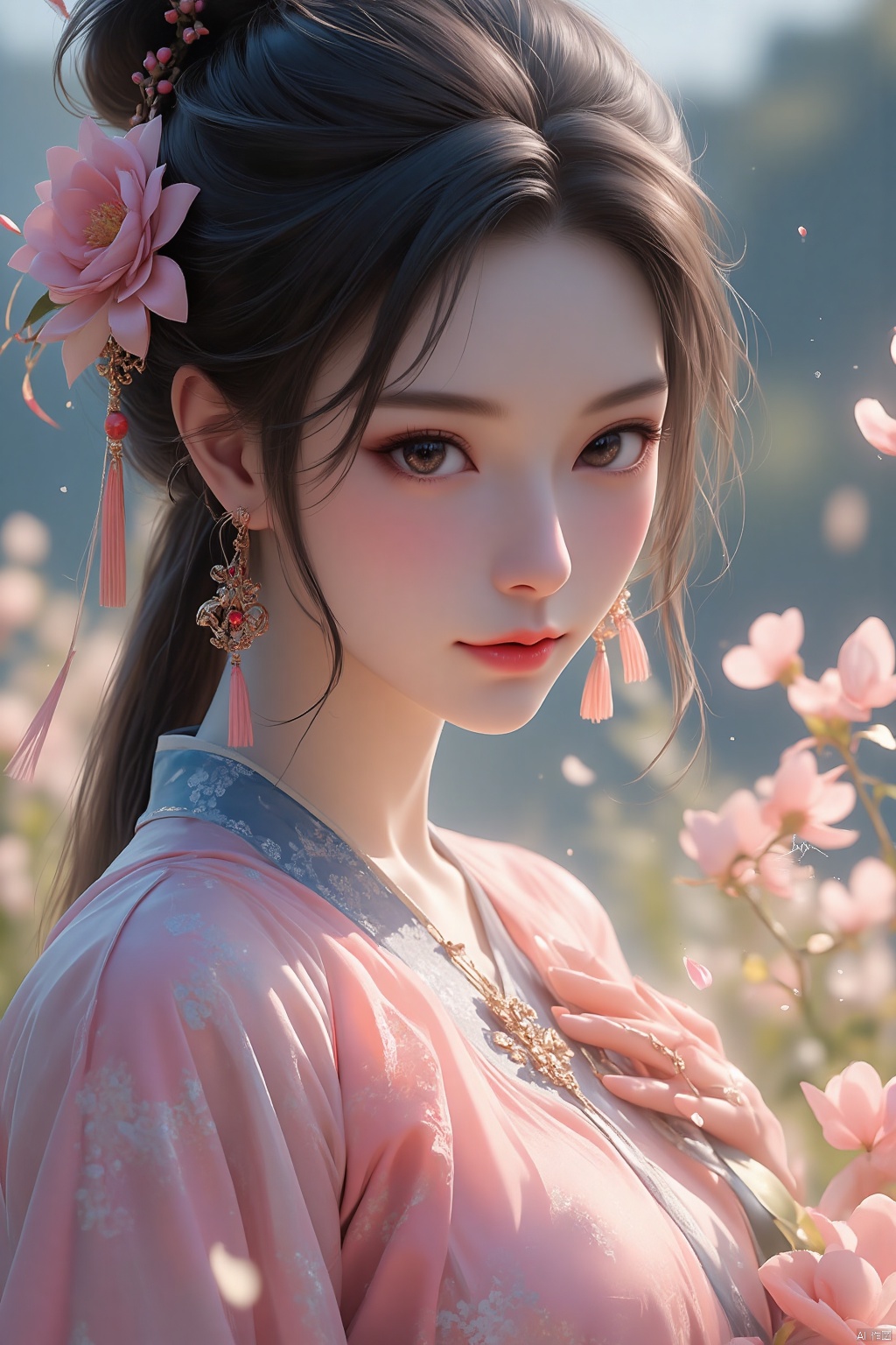 pencilpunk,((caustics:1.3)),(colorful:1.15),(gorgeous light and shadow:1.1),light and shadow,close up,A Chinese beauty dressed in a manzhu sawa flower hanfu,pitiful,stylish and artistic,Fever-Dream,Dark Atmosphere,Zen Atmosphere,16K,hyper quality,((ink)),(water color),bloom effect,detailed beautiful grassland with petal,flower,butterfly,necklace,smile,petal,(((surrounded by heavy floating petal flow))),((moon)),starry sky,(lighting particle),fog,snow,(bloom),