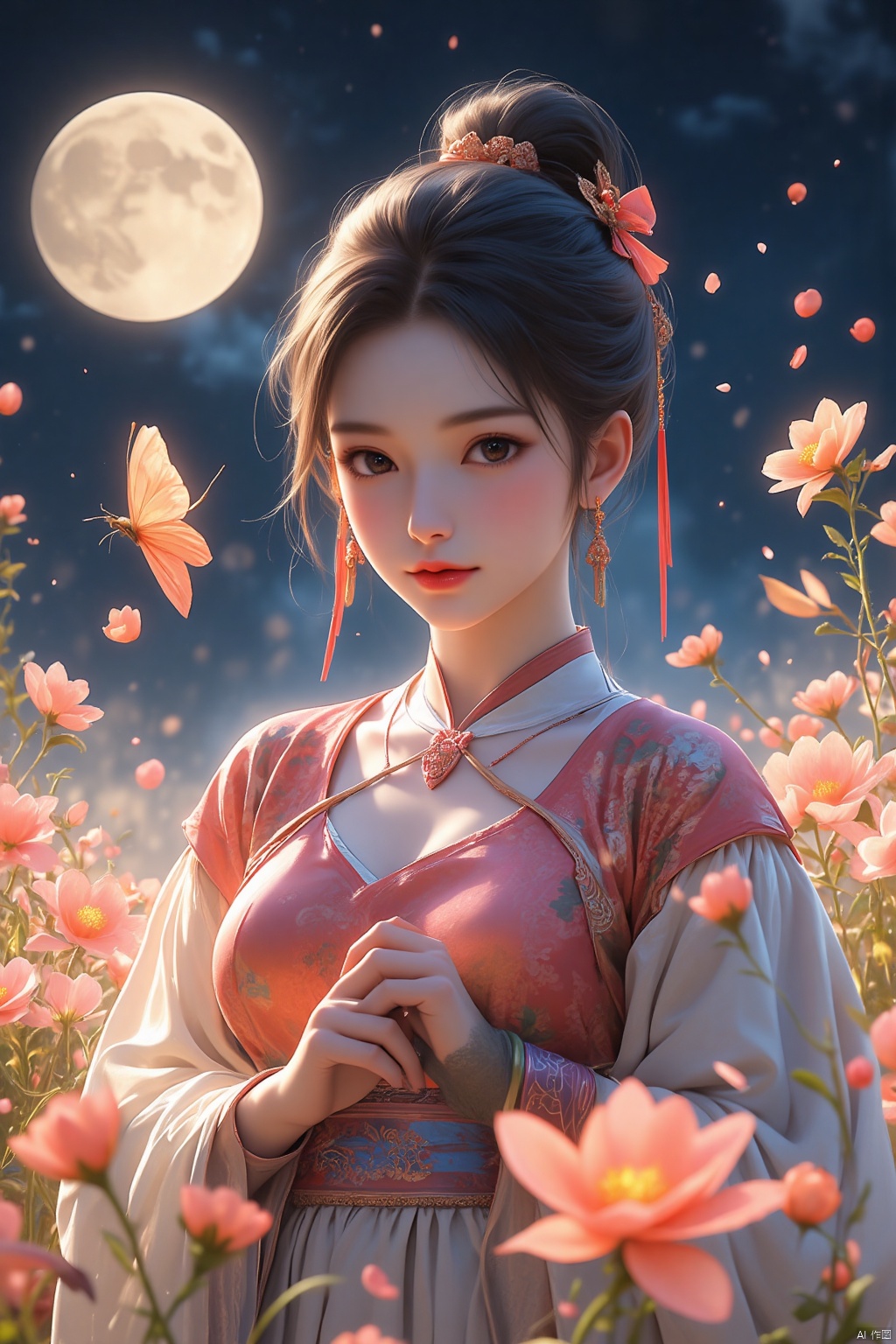 pencilpunk,((caustics:1.3)),(colorful:1.15),(gorgeous light and shadow:1.1),light and shadow,close up,A Chinese beauty dressed in a manzhu sawa flower hanfu,pitiful,stylish and artistic,Fever-Dream,Dark Atmosphere,Zen Atmosphere,16K,hyper quality,((ink)),(water color),bloom effect,detailed beautiful grassland with petal,flower,butterfly,necklace,smile,petal,(((surrounded by heavy floating petal flow))),((moon)),starry sky,(lighting particle),fog,snow,(bloom),
