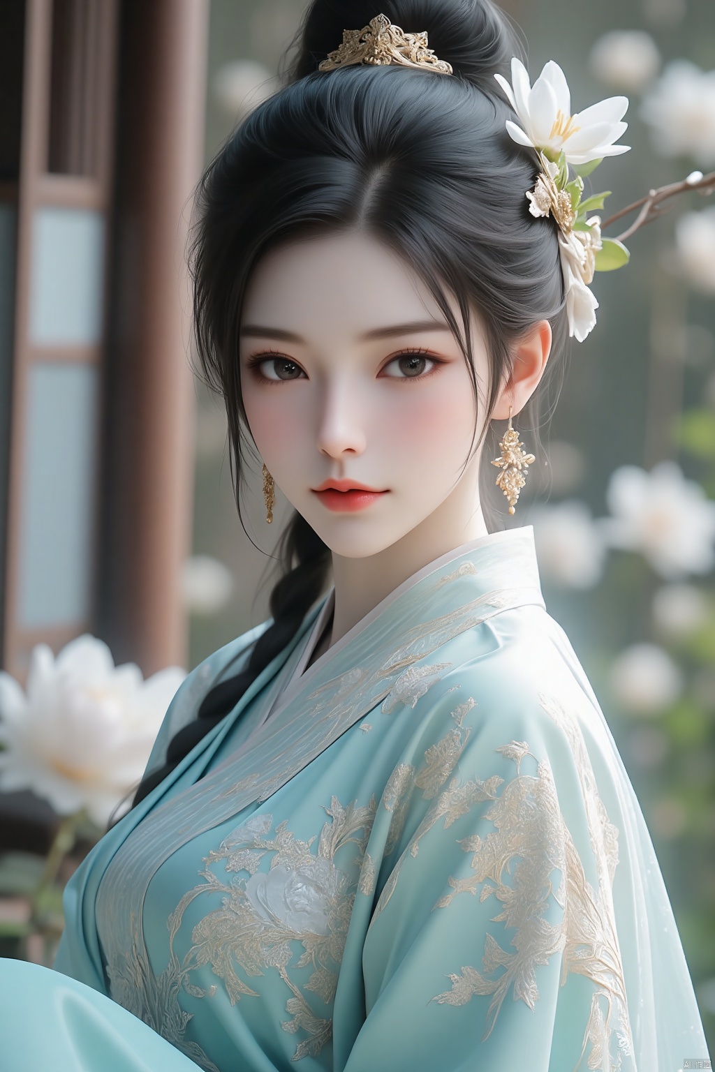 ,Textured skin,skin particles,masterpiece,best quality,8K,official art,ultra high res,1girl,chinese clothes,hanfu,jewelry,hair ornament,upper body,solo,earrings,flower ocean,remains,flower,black hair,necklace,teeth,hair bun,dress,parted lips,hair flower,((full body)),dress,hanfu,embroidery,exquisite,meticulous,(tulle:1.4),