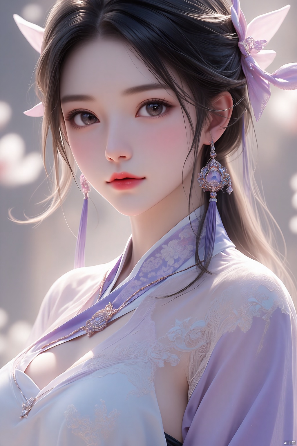 1 Beauty in Hanfu,Thin Purple silk shirt,White,Variety of textures,White lace top,Platinum long ponytail,hair accessories,earring,light pulse rabbit ears,Necklaces and Necklaces,Detailed eyebrows,high mise face,breasts breasts,cut red,slim wave,Purple fishnet stockings,Chinese Hanfu style,fictional art texture,The colors are vivid and true to life,original photo,Realistic photos,Ultra-high quality 8k hyper-realistic photos,(Effective fantasy lighting effects:1.8),10x pixels,magic effect (background):1.8),super detailed eyes,portrait girl,background girl,
