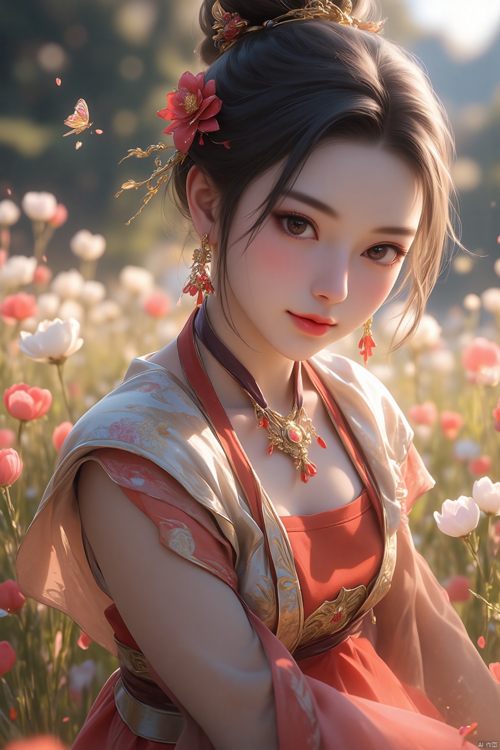 pencilpunk,((caustics:1.3)),(colorful:1.15),(gorgeous light and shadow:1.1),light and shadow,close up,A Chinese beauty dressed in a manzhu sawa flower hanfu,pitiful,stylish and artistic,Fever-Dream,Dark Atmosphere,Zen Atmosphere,16K,hyper quality,((ink)),(water color),bloom effect,detailed beautiful grassland with petal,flower,butterfly,necklace,smile,petal,(((surrounded by heavy floating petal flow))),((moon)),starry sky,(lighting particle),fog,snow,(bloom),