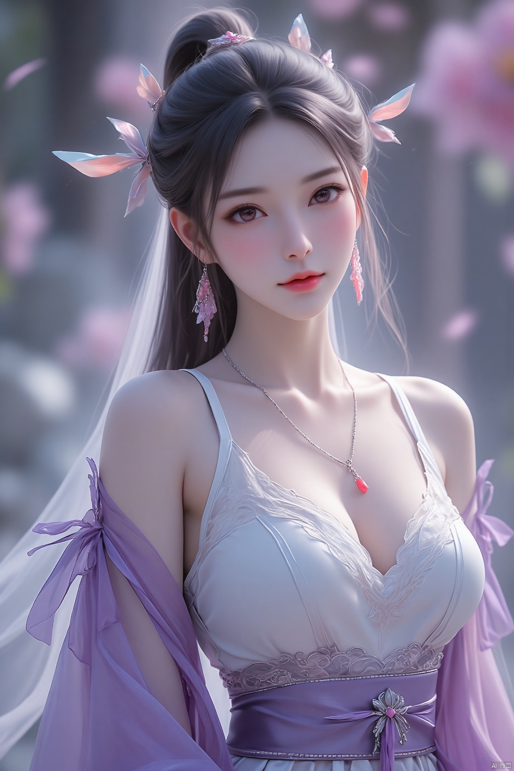 1 Beauty in Hanfu,Thin Purple silk shirt,White,Variety of textures,White lace top,Platinum long ponytail,hair accessories,earring,light pulse rabbit ears,Necklaces and Necklaces,Detailed eyebrows,high mise face,breasts breasts,cut red,slim wave,Purple fishnet stockings,Chinese Hanfu style,fictional art texture,The colors are vivid and true to life,original photo,Realistic photos,Ultra-high quality 8k hyper-realistic photos,(Effective fantasy lighting effects:1.8),10x pixels,magic effect (background):1.8),super detailed eyes,portrait girl,background girl,