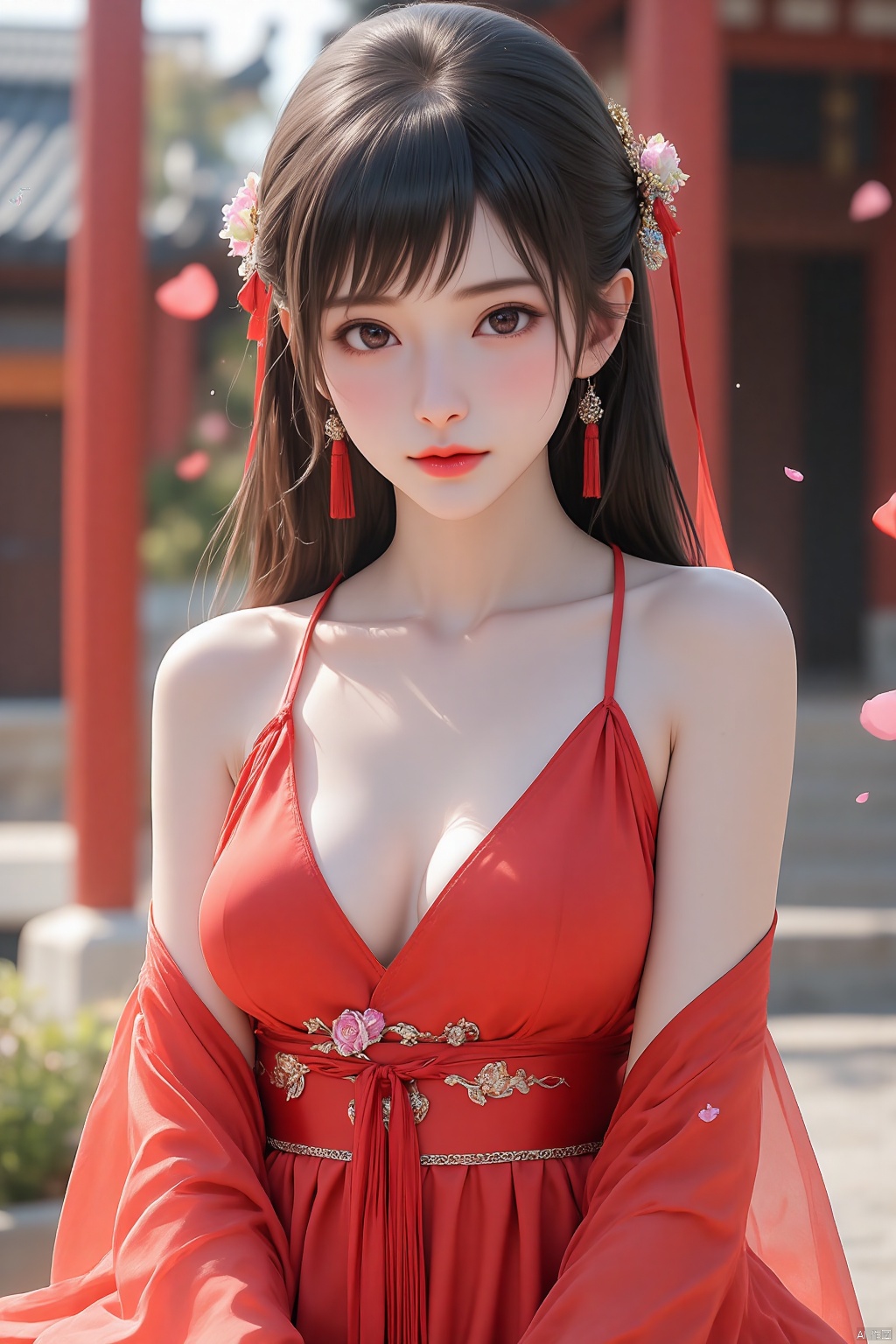 1girl,solo,jewelry,flower,hair ornament,dress,looking at viewer,earrings,red dress,hair flower,red lips,black hair,outdoors,chinese clothes,petals,architecture,bangs,east asian architecture,makeup,long sleeves,ribbon,bare shoulders,cowboy shot,see-through,hanfu,red ribbon,breasts,collarbone,hair bun,blurry,detached sleeves,see-through sleeves,tassel,day,blush,sleeveless,watermark,small breasts,blurry background,shawl,falling petals,hair ribbon,parted lips,long hair,,Negative prompt: