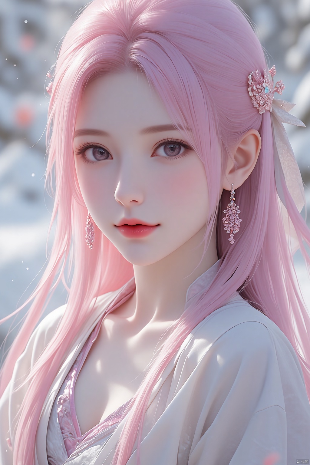 gufeng,1girl,long hair,solo,jewelry,earrings,blurry background,upper body,pink hair,blurry,snowing,closed mouth,lips,snow,facing viewer,ribbon,hanfu,flower,