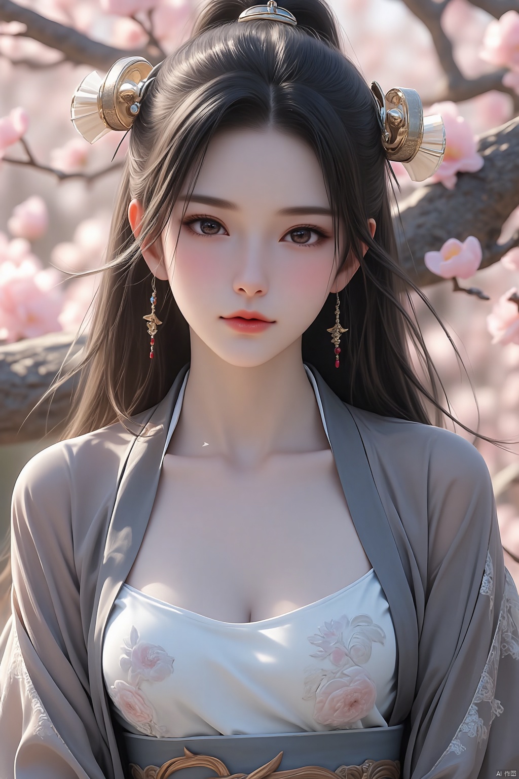 gufeng,1girl,full body,long hair,solo,jewelry,earrings,blurry background,upper body,black hair,blurry,spring,closed mouth,lips,facing viewer,ribbon,hanfu,tree,