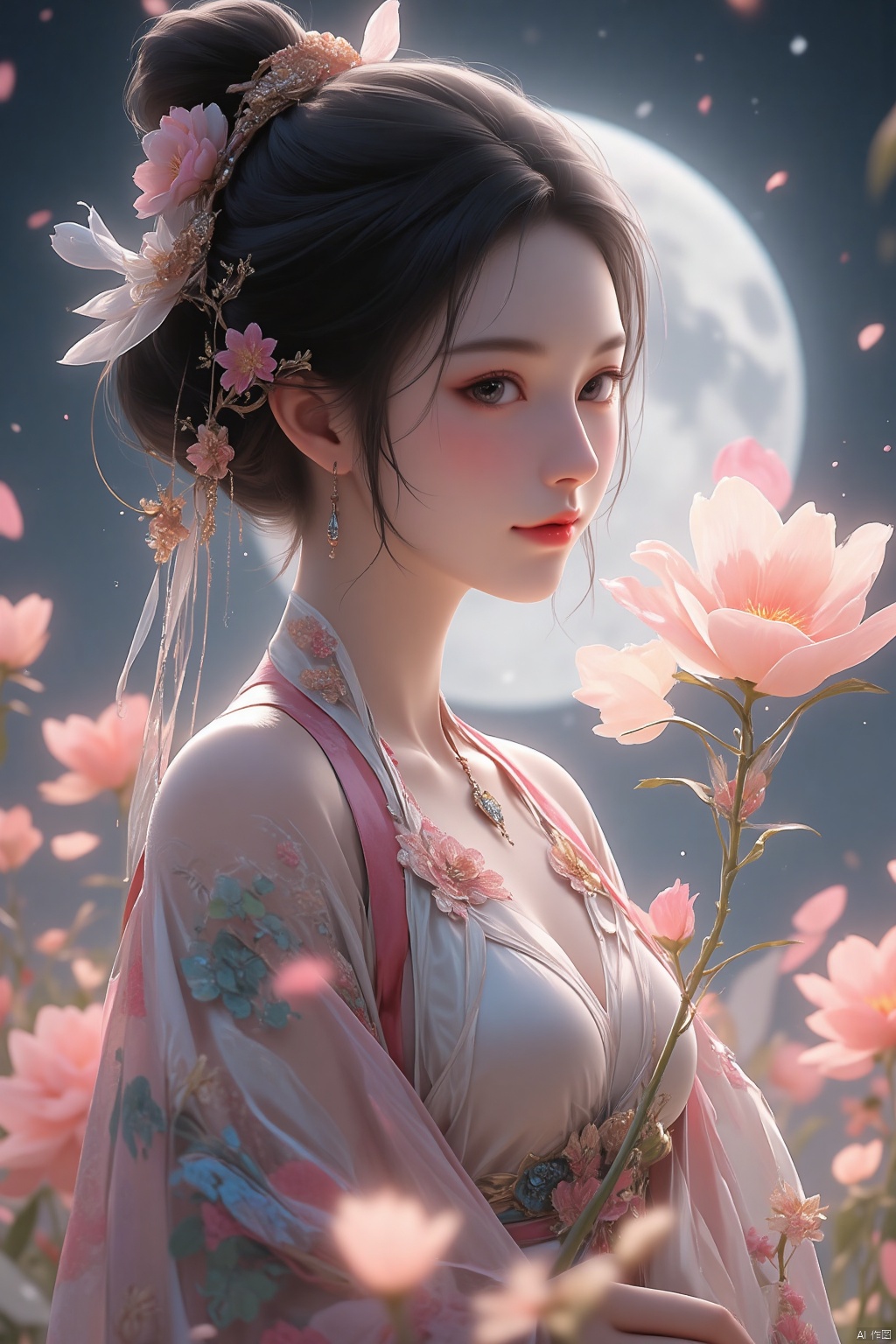 pencilpunk,((caustics:1.3)),(colorful:1.15),(gorgeous light and shadow:1.1),light and shadow,close up,A Chinese beauty dressed in a manzhu sawa flower hanfu,pitiful,stylish and artistic,Fever-Dream,Dark Atmosphere,Zen Atmosphere,16K,hyper quality,((ink)),(water color),bloom effect,detailed beautiful grassland with petal,flower,butterfly,necklace,smile,petal,(((surrounded by heavy floating petal flow))),((moon)),starry sky,(lighting particle),fog,snow,(bloom),