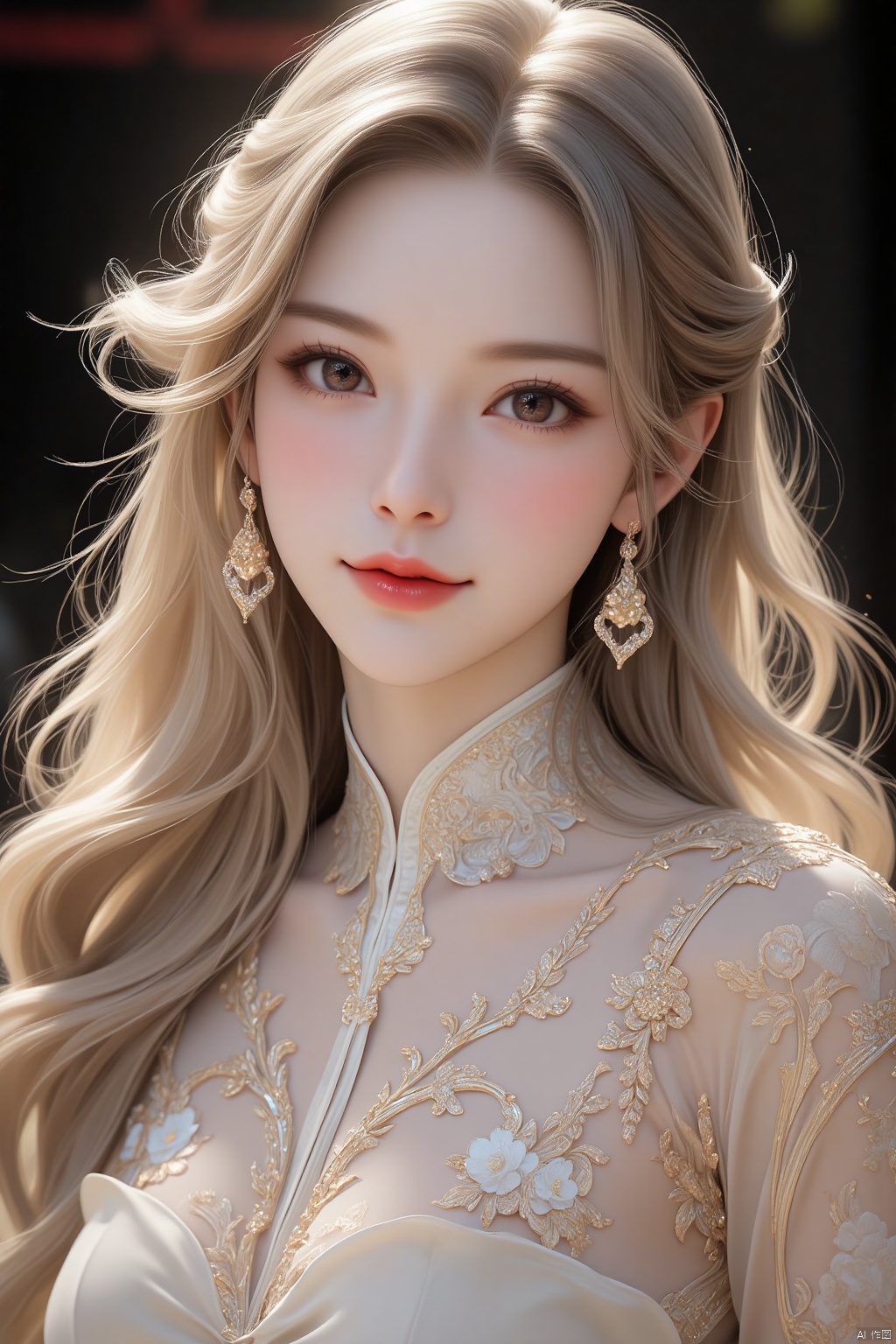girlvn01, 1girl, hanfu, smile, Stunningly Beautiful girl, Haute_Couture, designer dress, wearing Haute_Couture, posing for a picture, fashion show, long shaped face, dark red eyes, sandy blonde side-wept hair, long hair, long ringlets, catwalk aesthetic, details, highest, amazing,