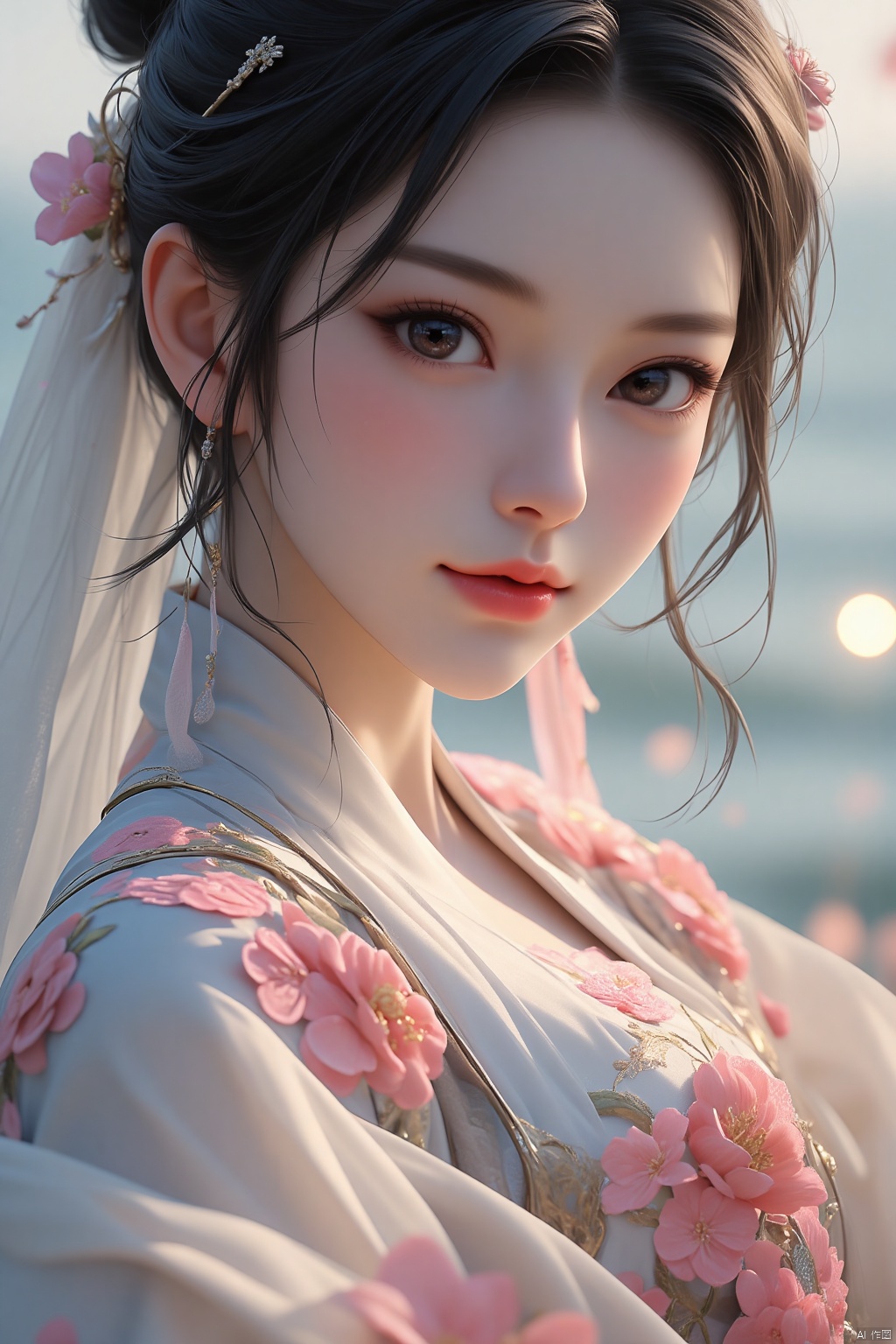,Textured skin,skin particles,masterpiece,best quality,8K,official art,ultra high res,1girl,chinese clothes,hanfu,jewelry,hair ornament,upper body,solo,earrings,flower ocean,remains,flower,black hair,necklace,teeth,hair bun,dress,parted lips,hair flower,((full body)),dress,hanfu,embroidery,exquisite,meticulous,(tulle:1.4),