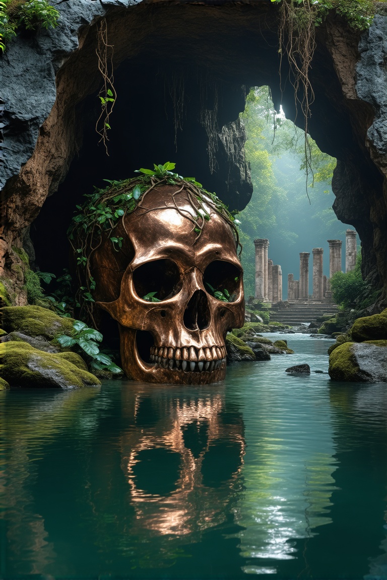 A digital artwork of a rust metallic skull's head in a cave,  intricately designed with green trees growing from it and vi...
