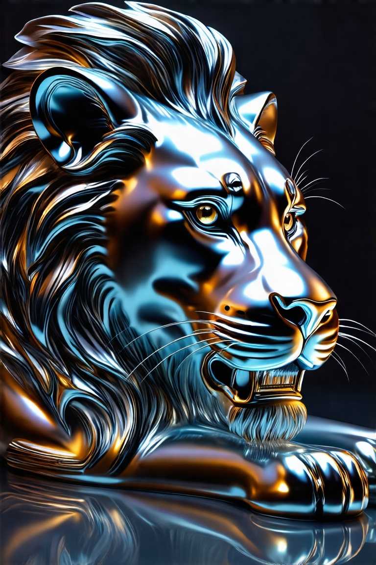 A close-up of a metallic lion,  shining and reflecting in surreal ways,  soft lighting on Tensor.Art