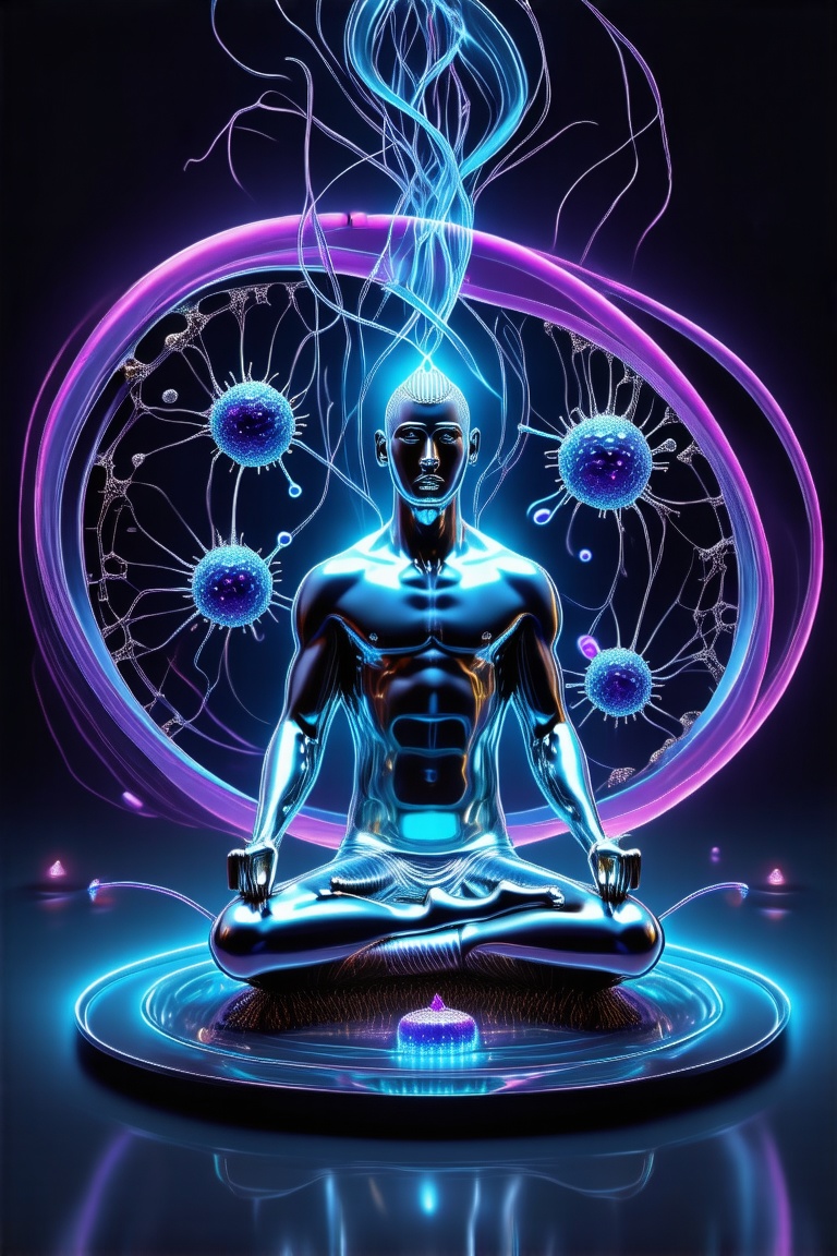 A surreal 3D image of a human figure meditating,  surrounded by swirling neon ketones and cellular structures regenerating...