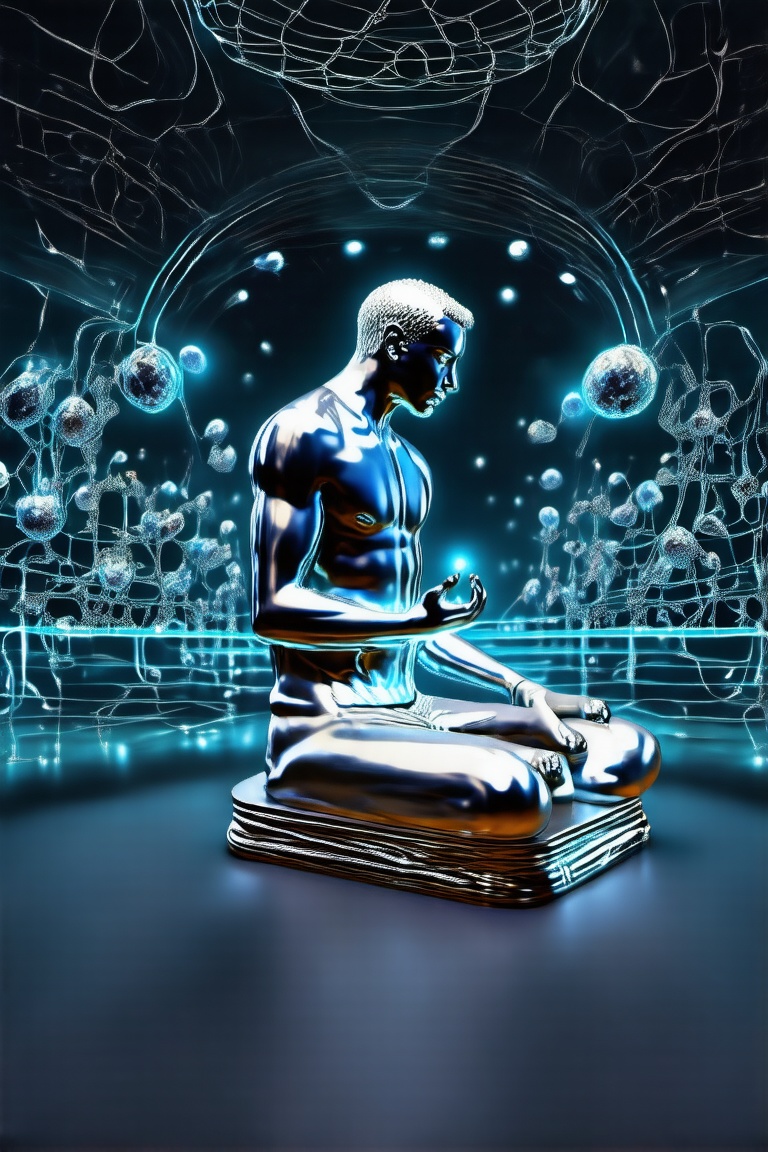 A surreal 3D image of a human figure meditating,  surrounded by swirling neon ketones and cellular structures regenerating...