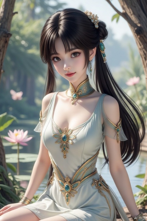 1girl, solo, long hair, breasts, looking at viewer, black hair, hair ornament, dress, jewelry, sitting, flower, earrings, water, hair bun, white dress, tree, see-through, clothing cutout, bug, butterfly, branch, lily pad, lotus
