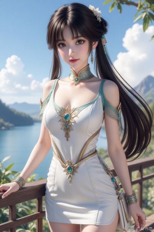 1girl, solo, long hair, breasts, looking at viewer, large breasts, brown hair, dress, holding, cleavage, bare shoulders, brown eyes, jewelry, closed mouth, standing, collarbone, braid, flower, thighs, cowboy shot, earrings, outdoors, detached sleeves, sky, day, cloud, water, bag, white dress, bracelet, blue sky, lips, see-through, bug, butterfly, side slit, handbag, branch, red lips