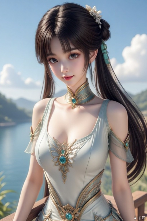 1girl, solo, long hair, breasts, looking at viewer, large breasts, brown hair, dress, holding, cleavage, bare shoulders, brown eyes, jewelry, closed mouth, standing, collarbone, braid, flower, thighs, cowboy shot, earrings, outdoors, detached sleeves, sky, day, cloud, water, bag, white dress, bracelet, blue sky, lips, see-through, bug, butterfly, side slit, handbag, branch, red lips