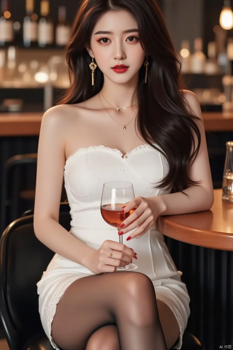This is a clear and high-quality photo of a beautiful woman,
1girl, solo, long hair, breasts, looking at viewer, black hair, dress, bare shoulders, brown eyes, jewelry, sitting, full body, pantyhose, earrings, indoors, black footwear, white dress, high heels, cup, lips, strapless, makeup, chair, table, crossed legs, lipstick, holding cup, strapless dress, alcohol, drinking glass, red lips, wine glass, stool, bar \(place\), bar stool
