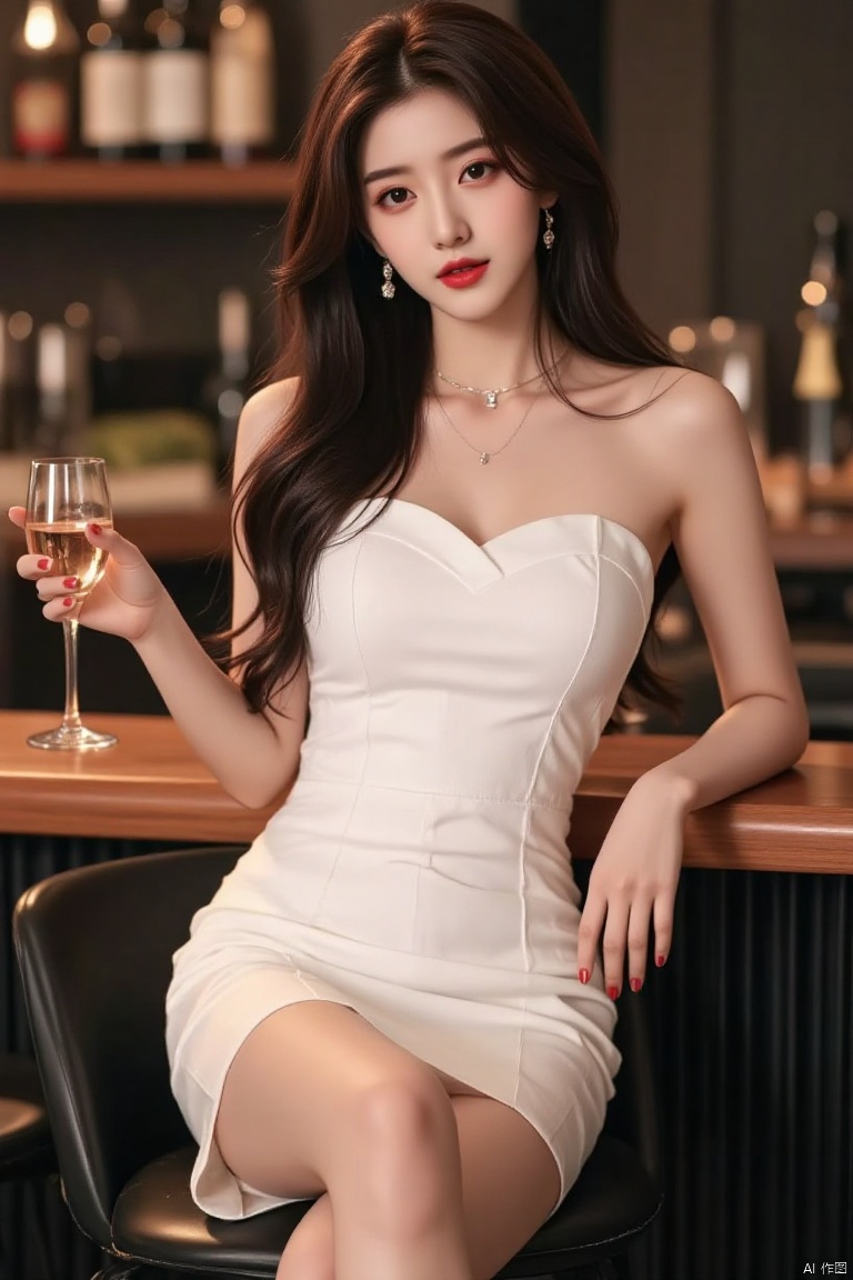 This is a clear and high-quality photo of a beautiful woman,
1girl, solo, long hair, breasts, looking at viewer, black hair, dress, bare shoulders, brown eyes, jewelry, sitting, full body, pantyhose, earrings, indoors, black footwear, white dress, high heels, cup, lips, strapless, makeup, chair, table, crossed legs, lipstick, holding cup, strapless dress, alcohol, drinking glass, red lips, wine glass, stool, bar \(place\), bar stool