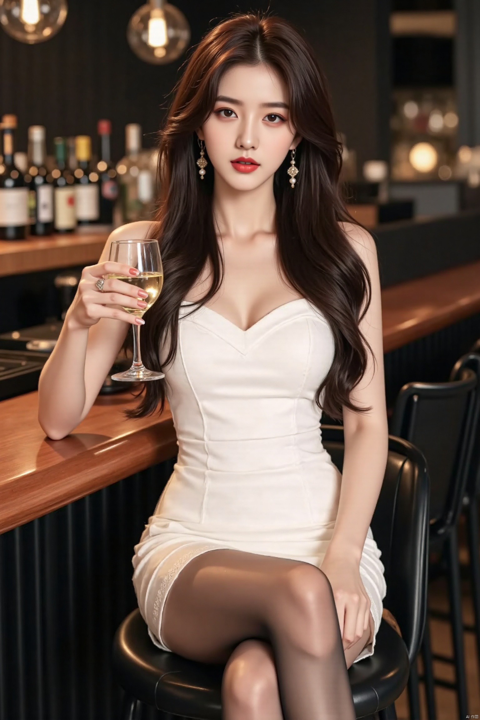 This is a clear and high-quality photo of a beautiful woman,
1girl, solo, long hair, breasts, looking at viewer, black hair, dress, bare shoulders, brown eyes, jewelry, sitting, full body, pantyhose, earrings, indoors, black footwear, white dress, high heels, cup, lips, strapless, makeup, chair, table, crossed legs, lipstick, holding cup, strapless dress, alcohol, drinking glass, red lips, wine glass, stool, bar \(place\), bar stool