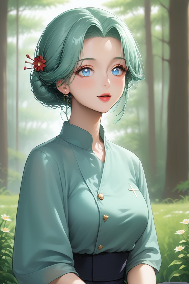 成熟女性. A serene scene unfolds: a woman sits cross-legged on a soft,  green grassy hillside,  surrounded by lush foliage and...