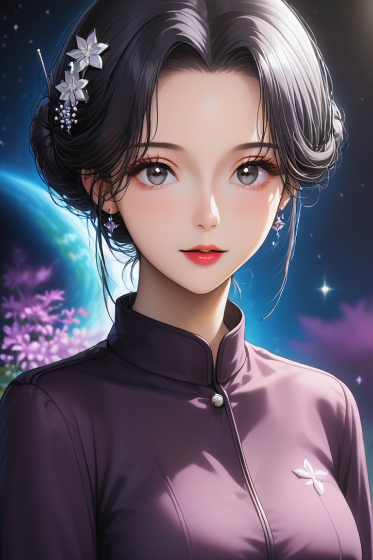 成熟女性. Free space above your head. black eyes. hair bun. flower hairpin. on Tensor.Art