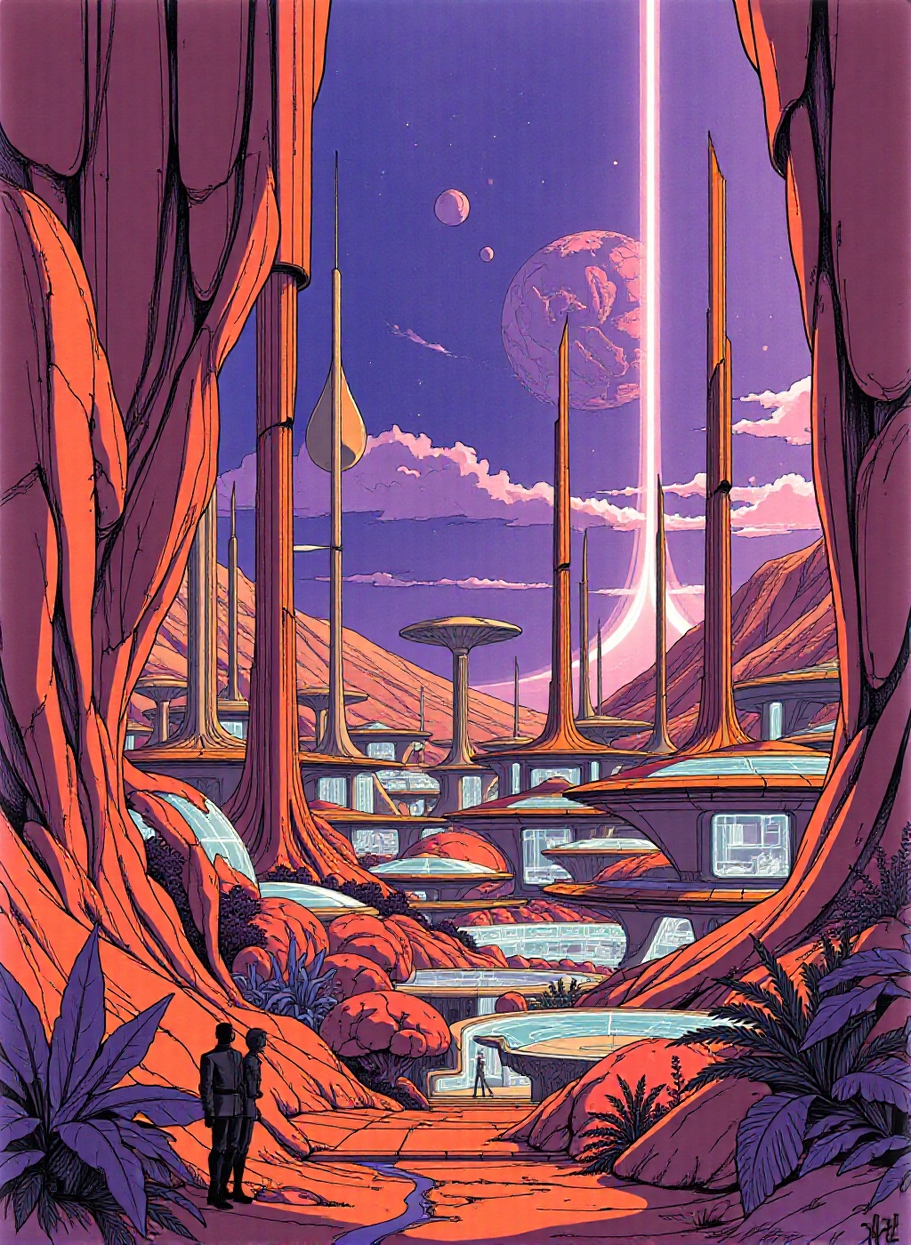 scene takes place on an alien planet,  showcasing a city that blends seamlessly with its otherworldly environment. The bui...