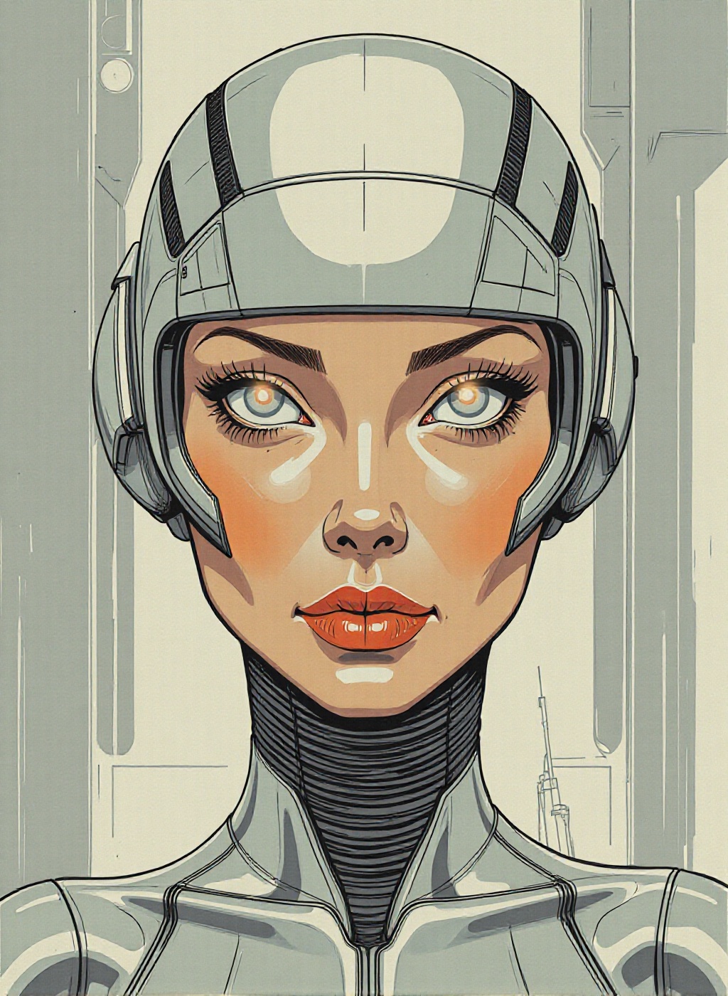 portrait of a retro futuristic female humanoid cyborg. Her body and face is a blend of human and machine,  with sleek meta...