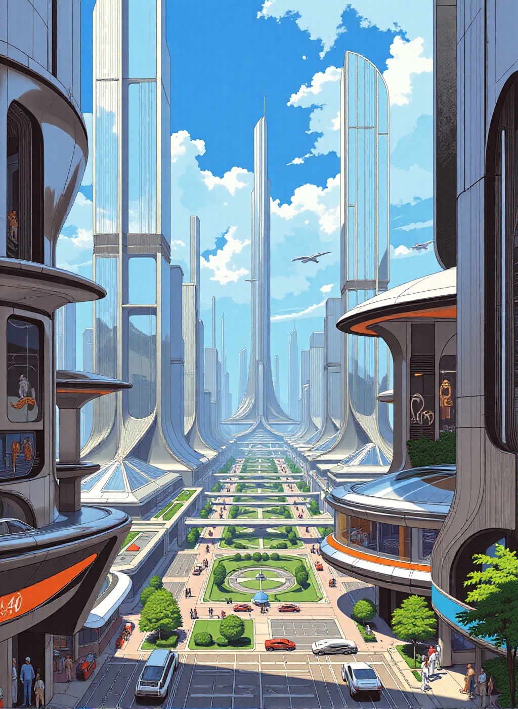 a bustling retro futuristic city during the day,  bathed in bright,  natural sunlight that reflects off the gleaming mirro...