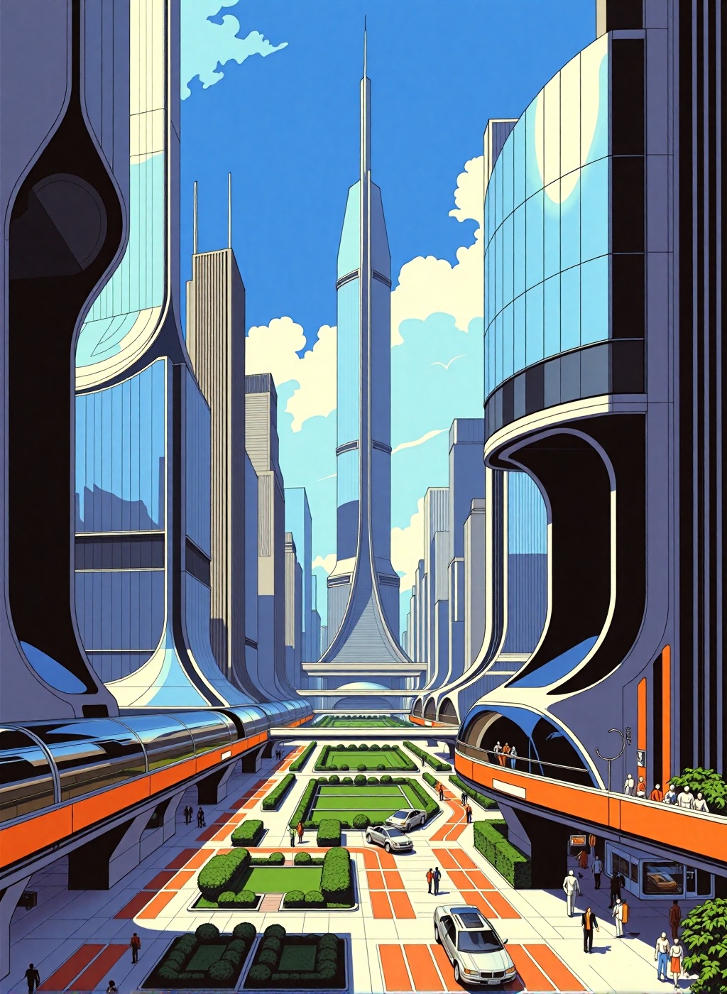 a bustling retro futuristic city during the day,  bathed in bright,  natural sunlight that reflects off the gleaming mirro...