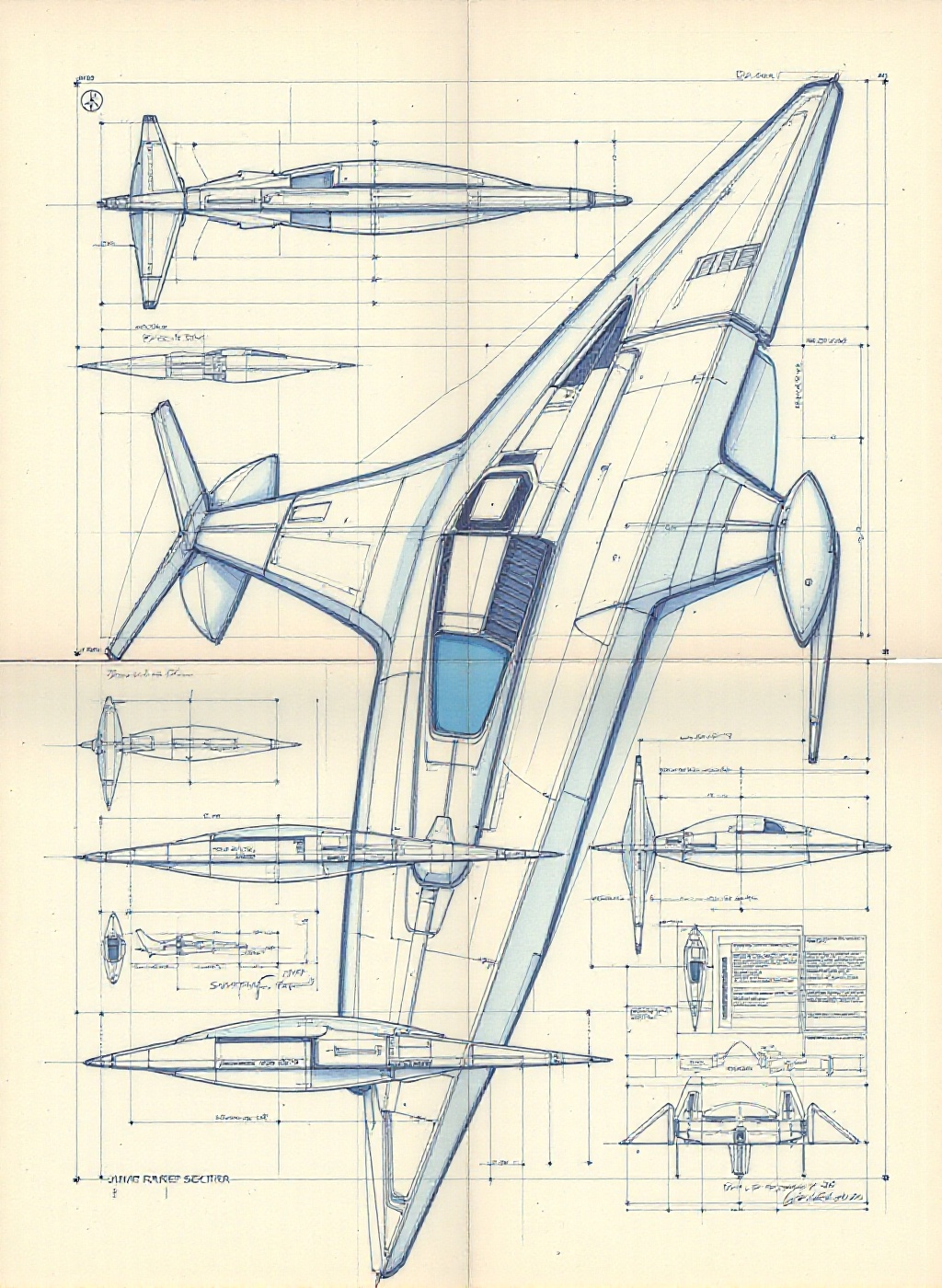 a blueprint of a sleek,  aerodynamic spacecraft designed for high-speed travel in outer space. The craft features elongate...