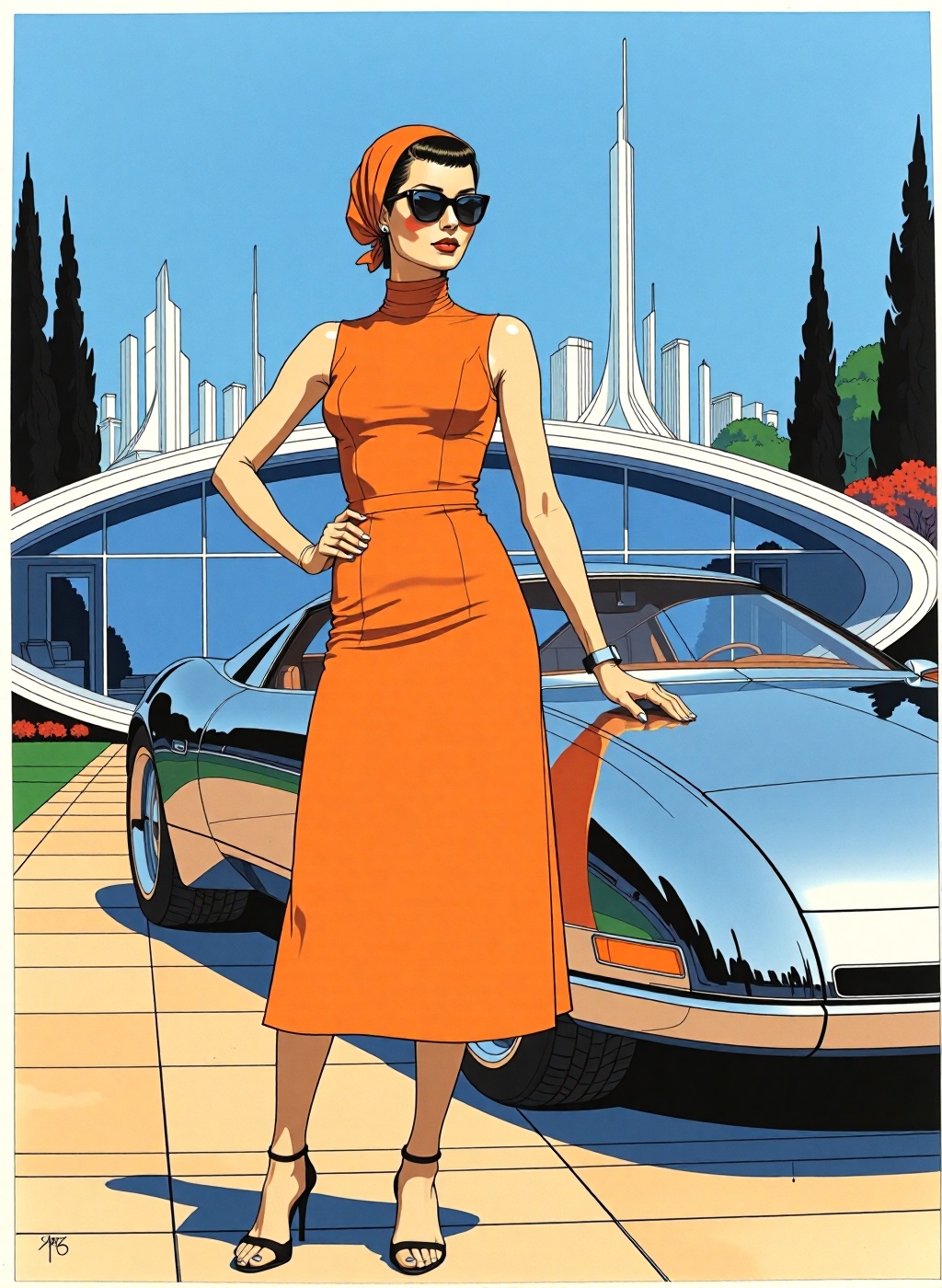 Dominating the scene,  the woman stands tall and confident,  her orange chic A-line dress flowing gracefully as she gazes...