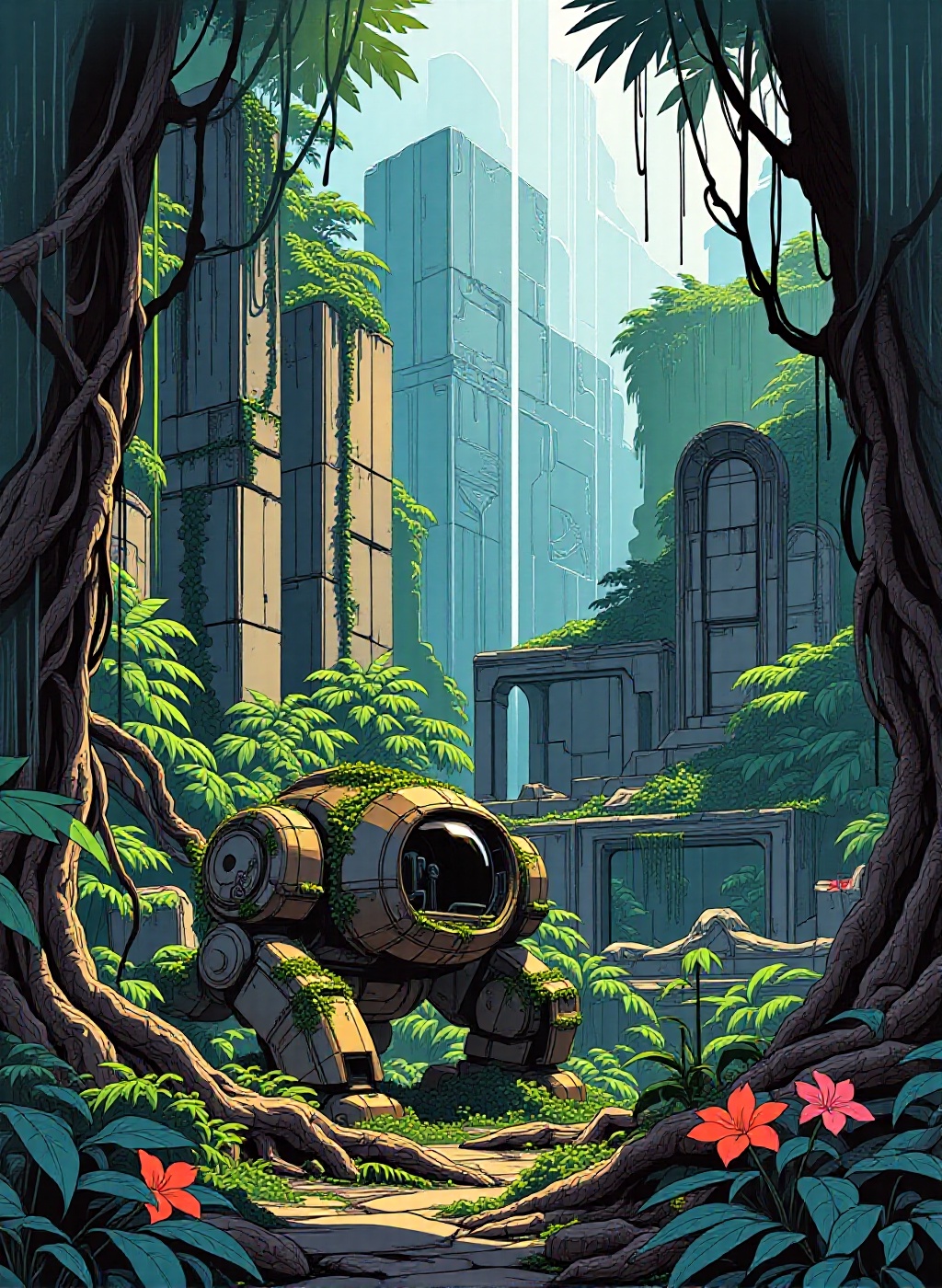 a dense jungle,  where the remains of an ancient civilization’s grand structures lie hidden beneath layers of thick vegeta...