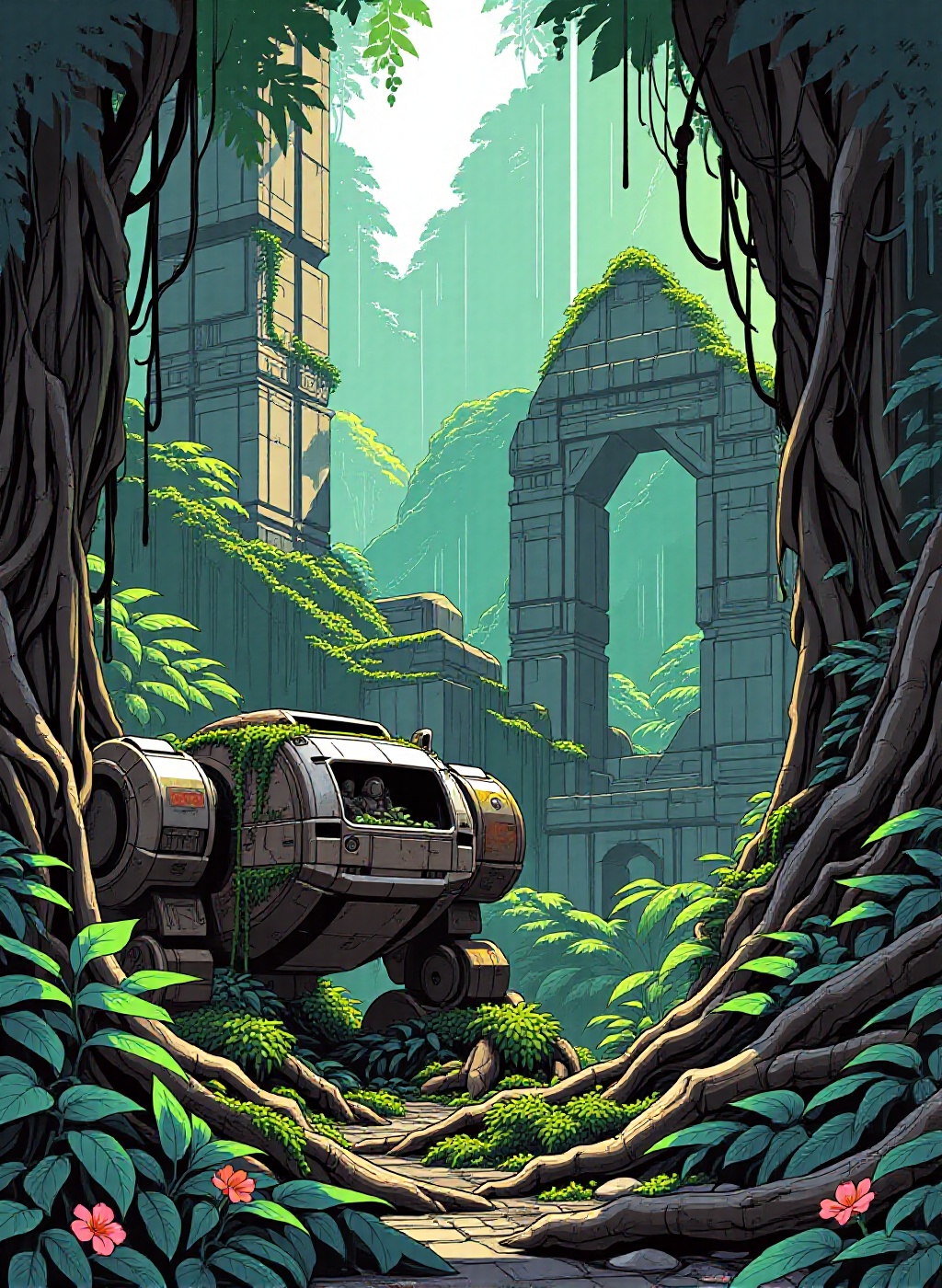 a dense jungle,  where the remains of an ancient civilization’s grand structures lie hidden beneath layers of thick vegeta...