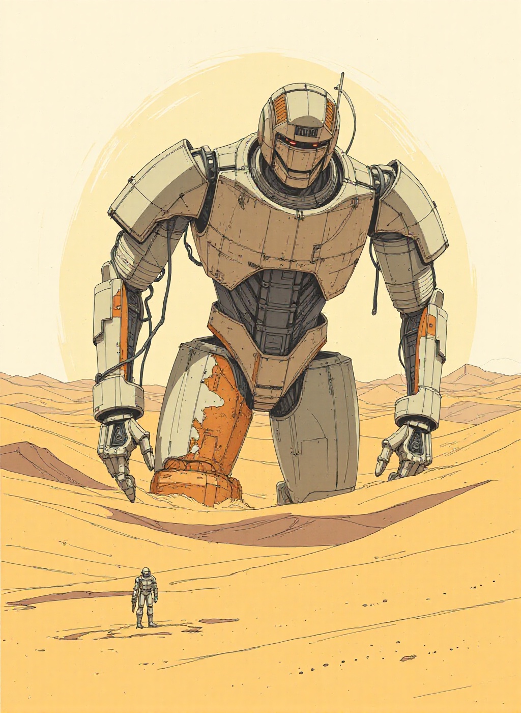 a vast desert landscape,  dominated by the presence of a colossal,  abandoned robot half buried in the shifting sands. The...