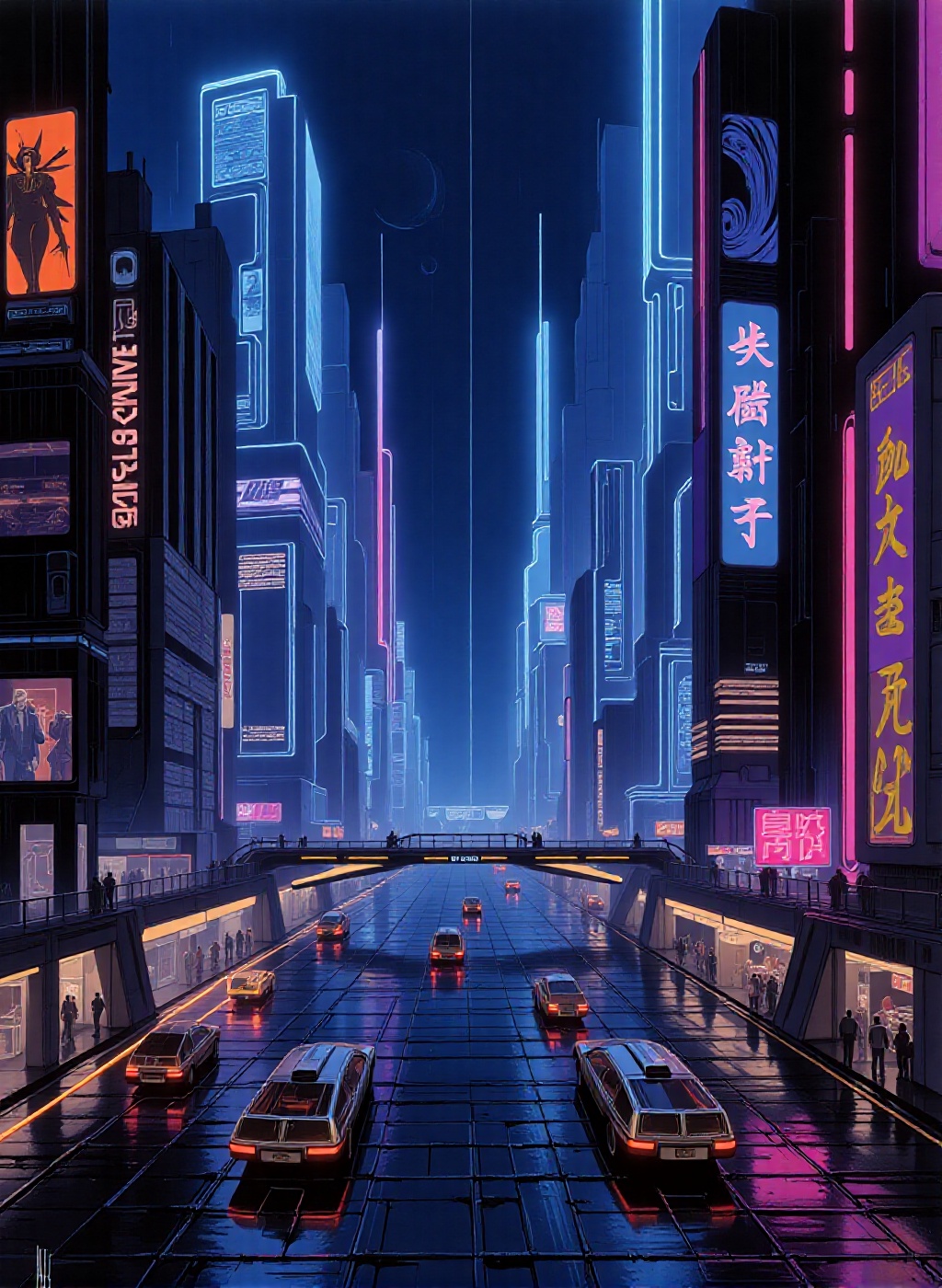 a retro-futuristic blade runner city at night,  illuminated by an array of neon lights that cast a vivid glow over the ent...