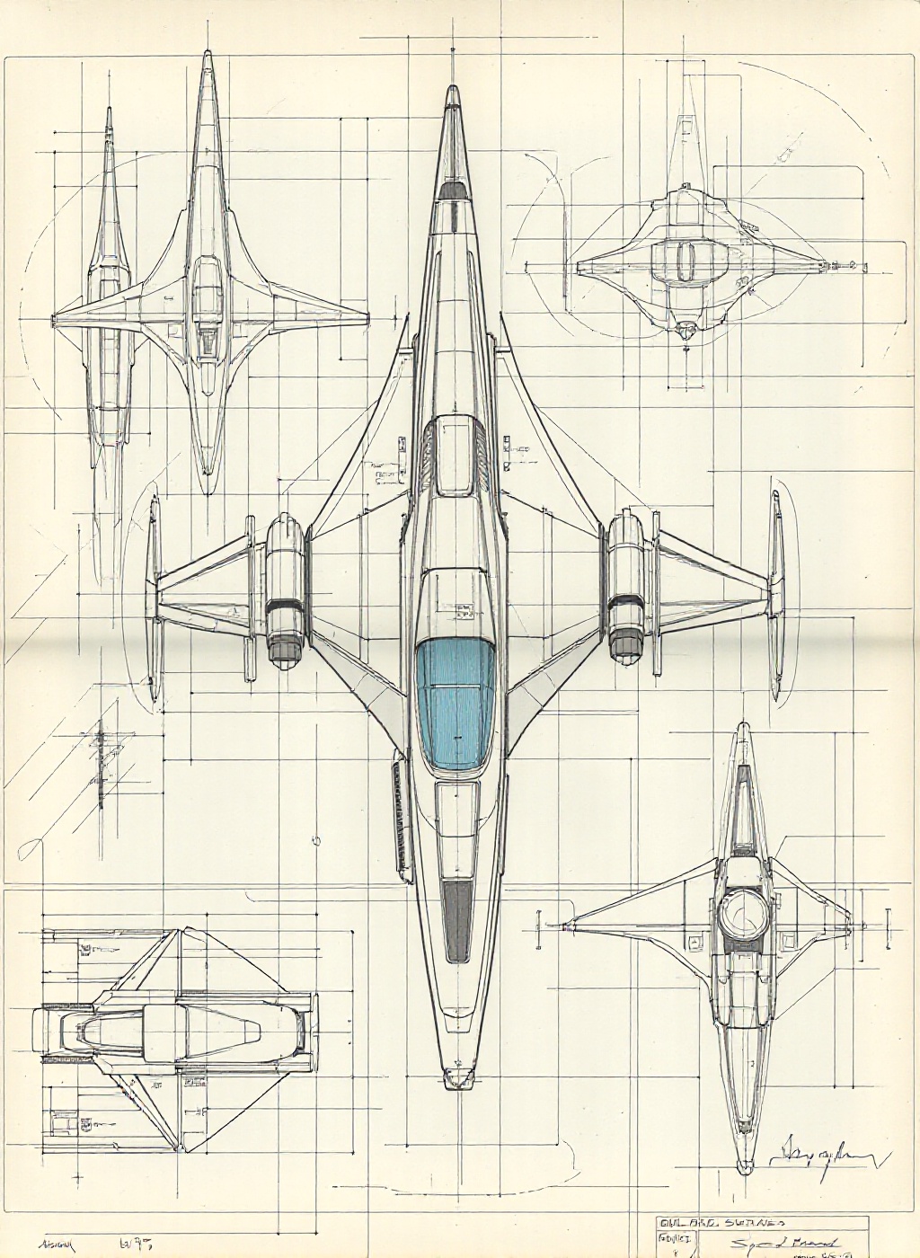a blueprint of a sleek,  aerodynamic spacecraft designed for high-speed travel in outer space. The craft features elongate...
