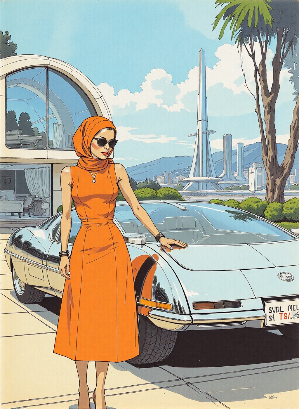 Dominating the scene,  the woman stands tall and confident,  her orange chic A-line dress flowing gracefully as she gazes...