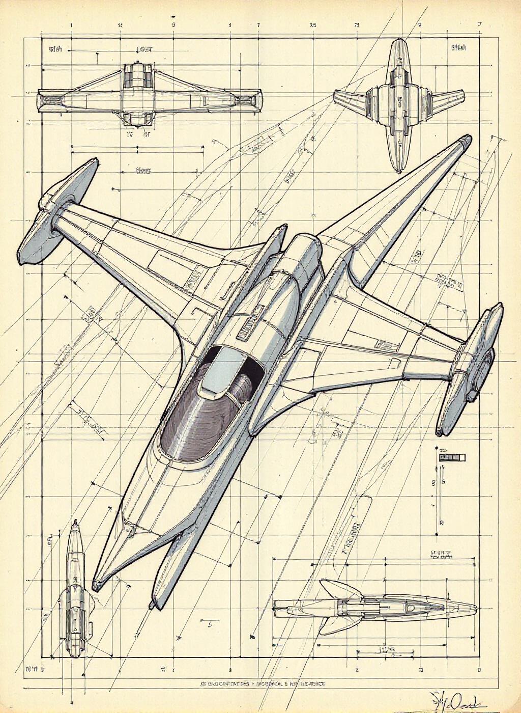 a blueprint of a sleek,  aerodynamic spacecraft designed for high-speed travel in outer space. The craft features elongate...