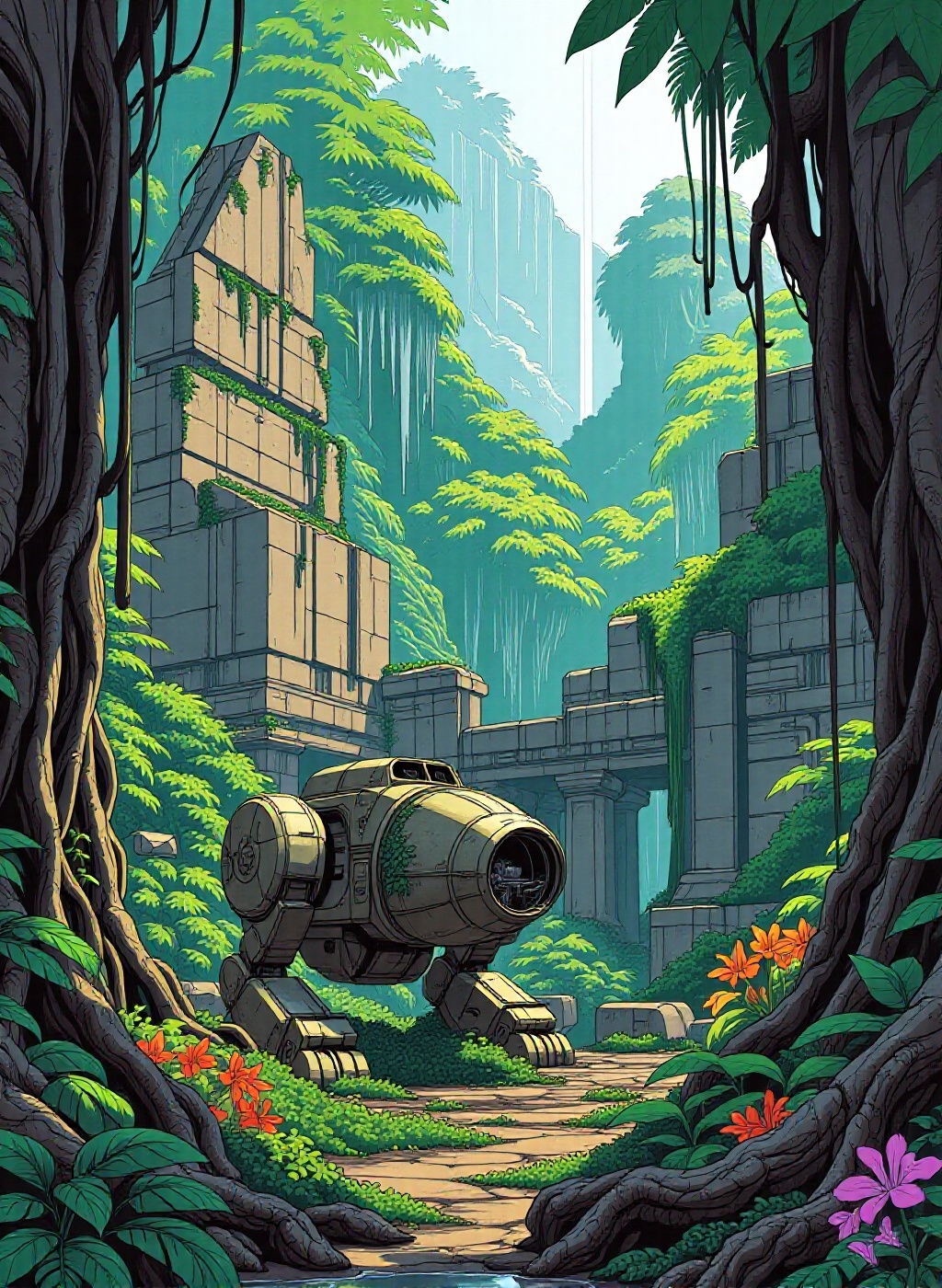 a dense jungle,  where the remains of an ancient civilization’s grand structures lie hidden beneath layers of thick vegeta...