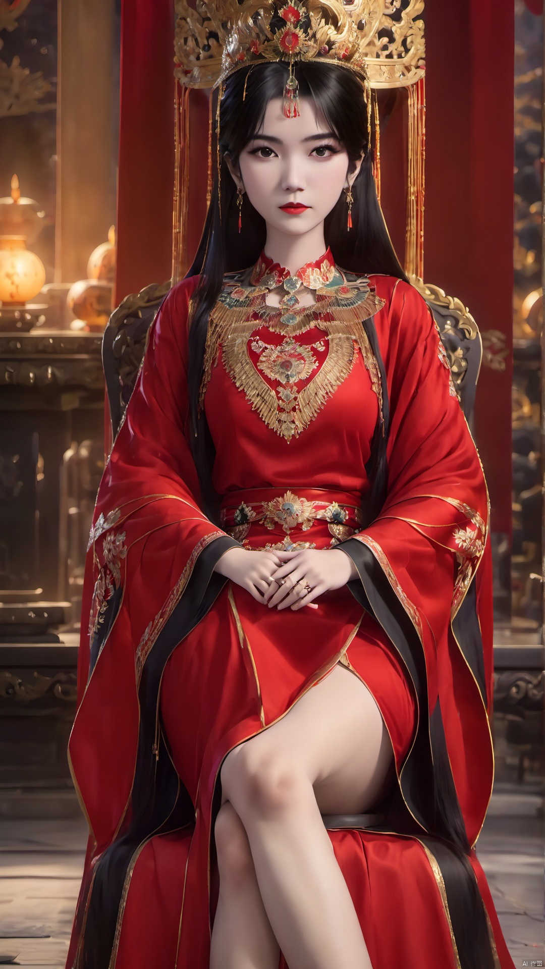 1girl, jewelry, sitting, earrings, ring, solo, dress, crossed legs, bare legs, black hair, throne, looking at viewer, chinese clothes, red dress, crown, wide sleeves, long sleeves, long hair, forehead mark, anklet, blurry background