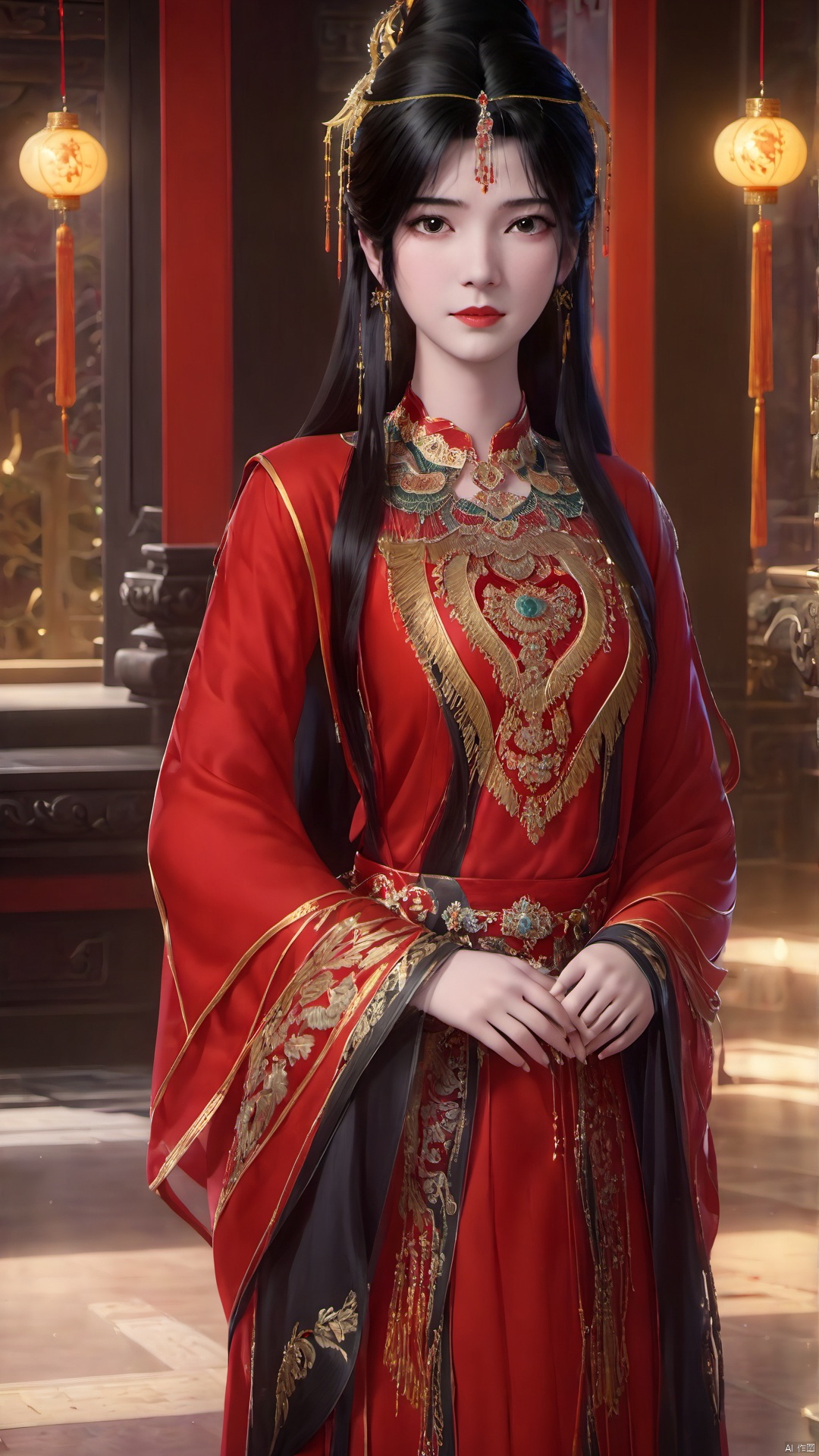 1girl, jewelry, solo, earrings, long hair, dress, chinese clothes, long sleeves, red dress, black hair, indoors, wide sleeves, closed mouth, hair ornament, looking at viewer, forehead mark, standing