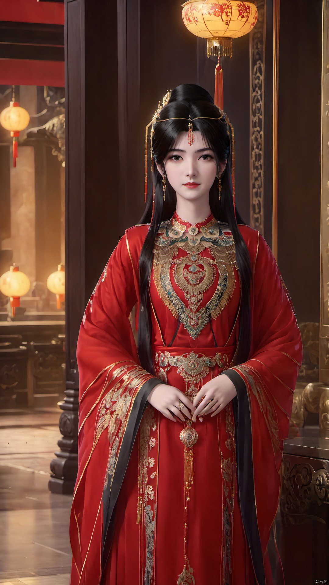 1girl, jewelry, solo, earrings, long hair, dress, chinese clothes, long sleeves, red dress, black hair, indoors, wide sleeves, closed mouth, hair ornament, looking at viewer, forehead mark, standing