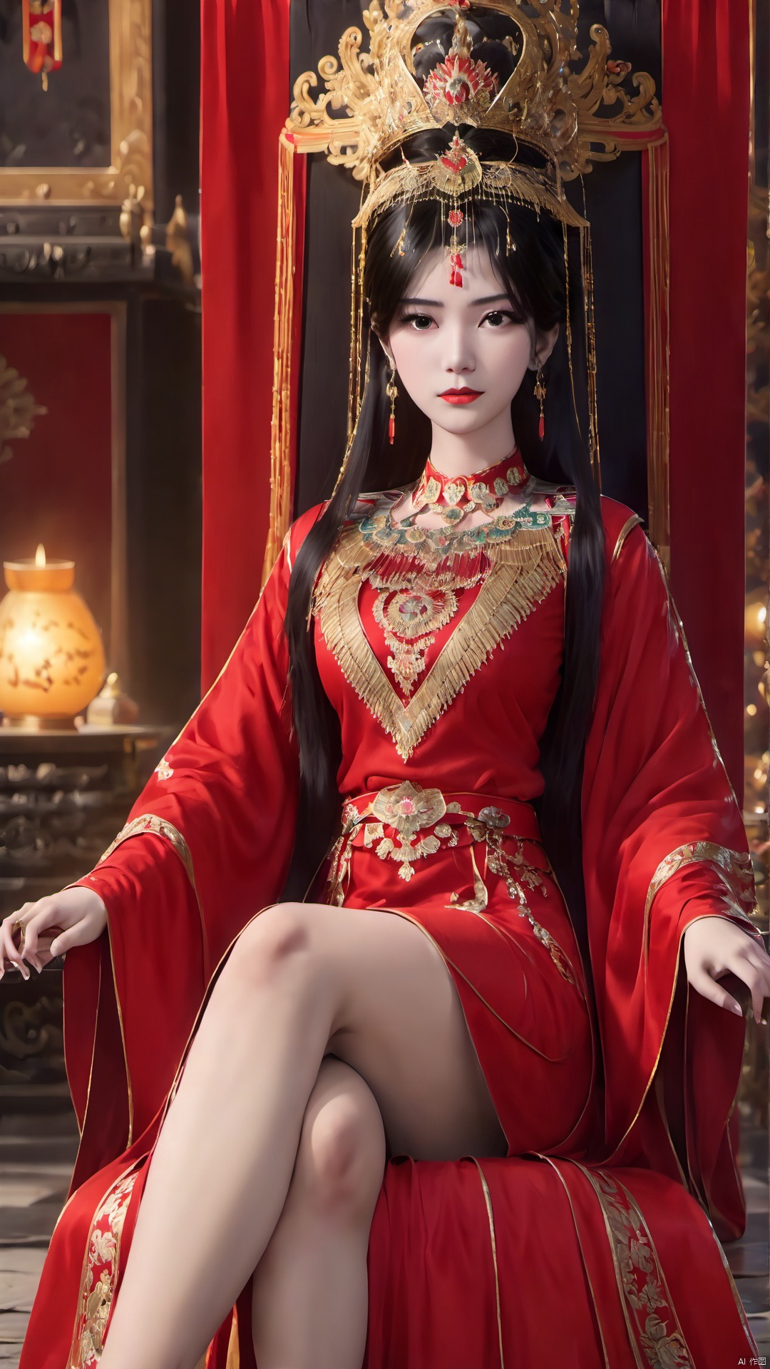 1girl, jewelry, sitting, earrings, ring, solo, dress, crossed legs, bare legs, black hair, throne, looking at viewer, chinese clothes, red dress, crown, wide sleeves, long sleeves, long hair, forehead mark, anklet, blurry background