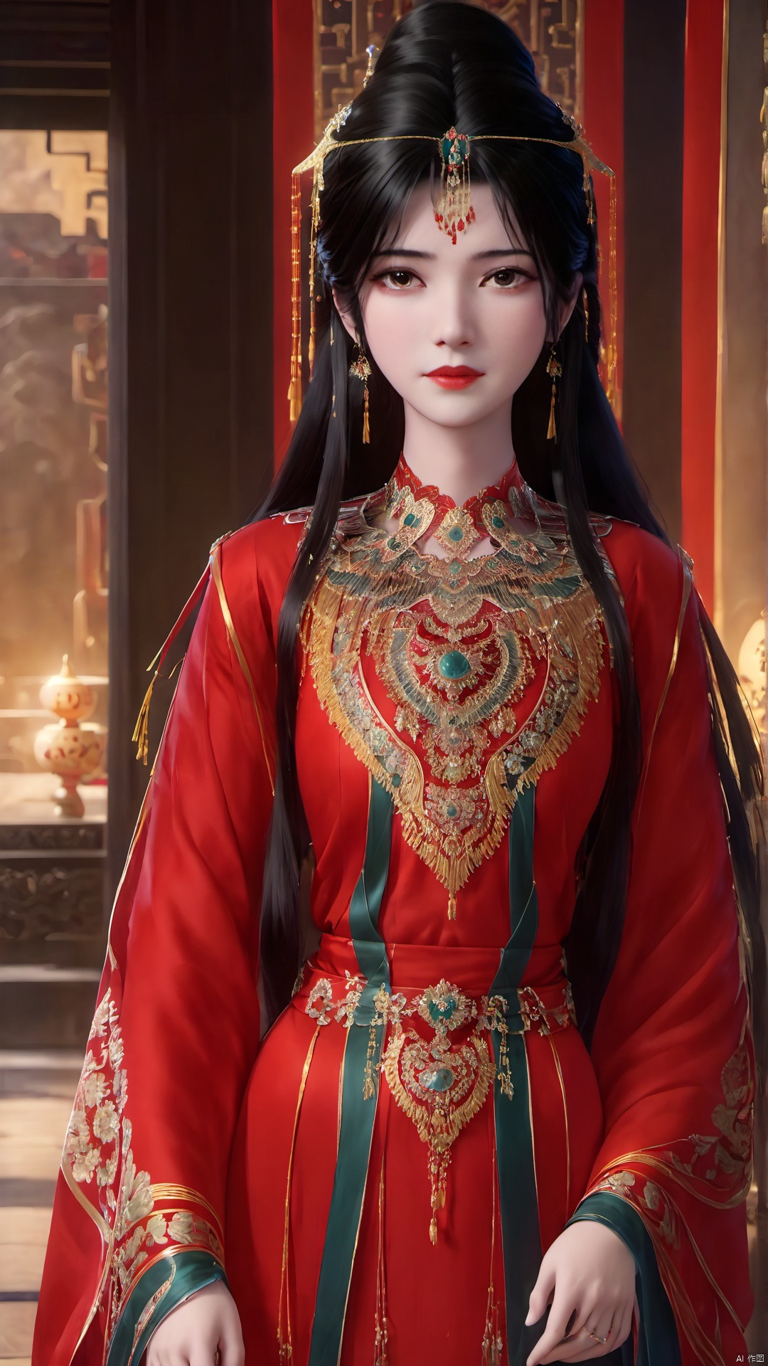 1girl, jewelry, solo, earrings, long hair, dress, chinese clothes, long sleeves, red dress, black hair, indoors, wide sleeves, closed mouth, hair ornament, looking at viewer, forehead mark, standing