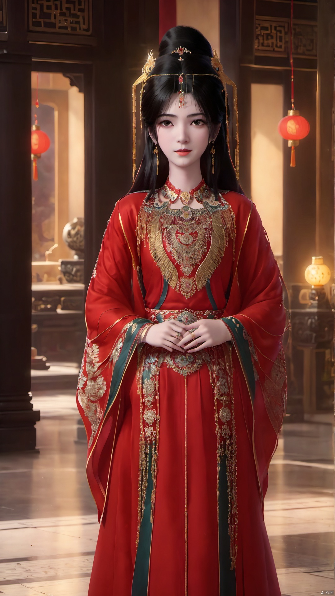 1girl, jewelry, solo, earrings, long hair, dress, chinese clothes, long sleeves, red dress, black hair, indoors, wide sleeves, closed mouth, hair ornament, looking at viewer, forehead mark, standing